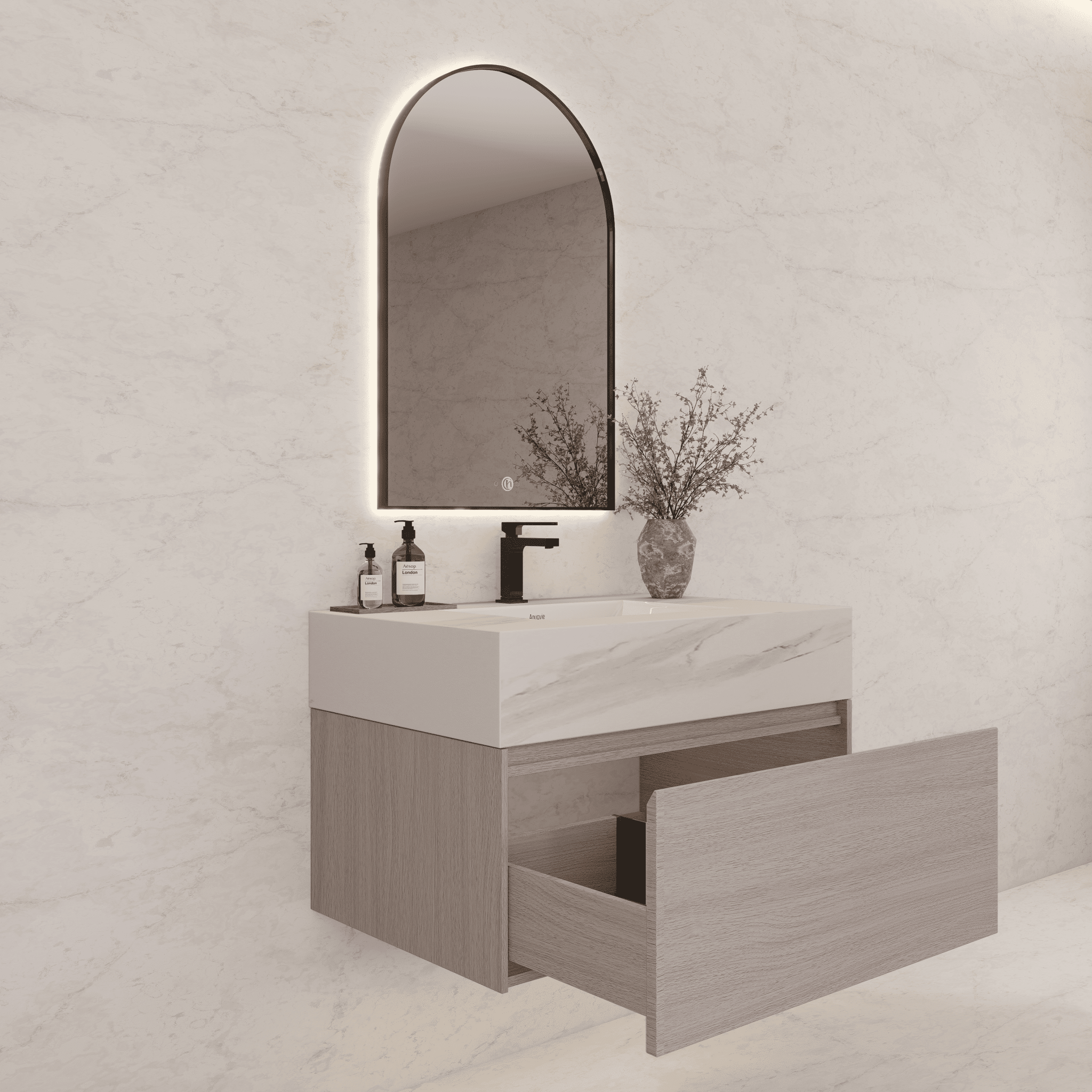 32"/ 36"/40" White Grey Oak Single Sink Floating Bathroom Vanity with Sintered Stone Top -VanityCalacatta Black