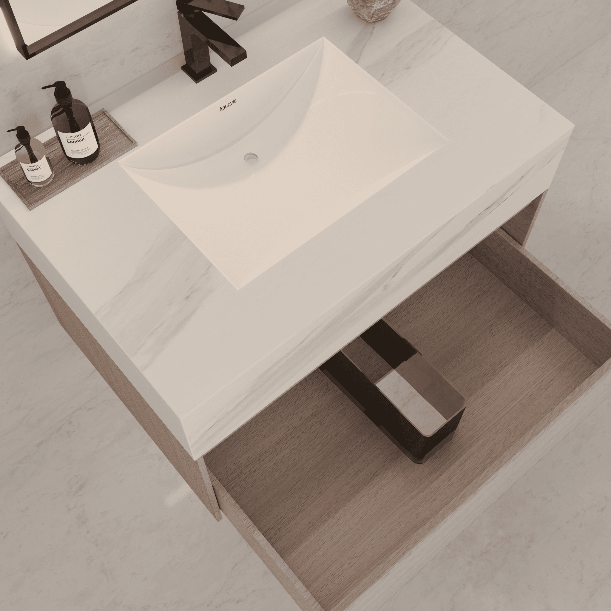 32"/ 36"/40" White Grey Oak Single Sink Floating Bathroom Vanity with Sintered Stone Top -VanityCalacatta Black