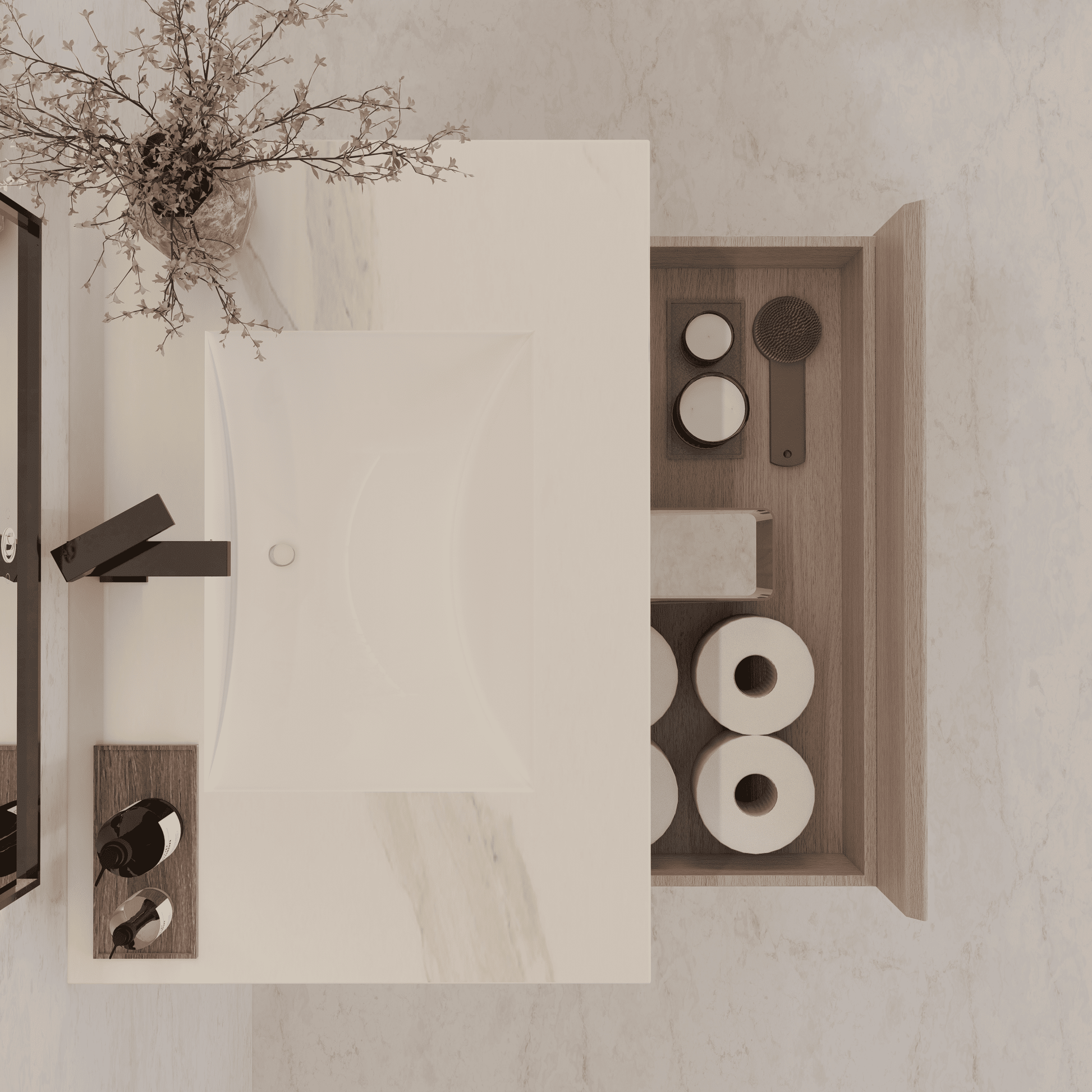 32"/ 36"/40" White Grey Oak Single Sink Floating Bathroom Vanity with Sintered Stone Top -VanityCalacatta Black