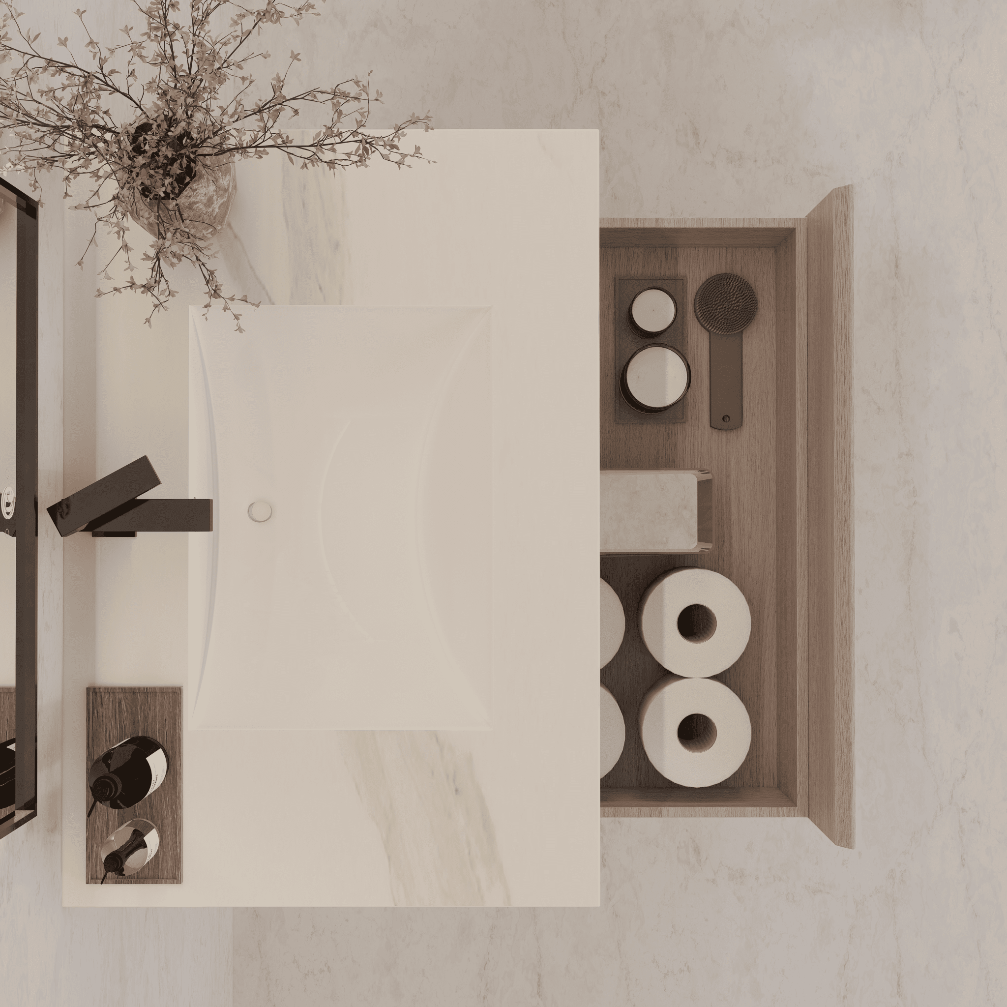 32"/ 36"/40" White Grey Oak Single Sink Floating Bathroom Vanity with Sintered Stone Top -VanityCalacatta Black