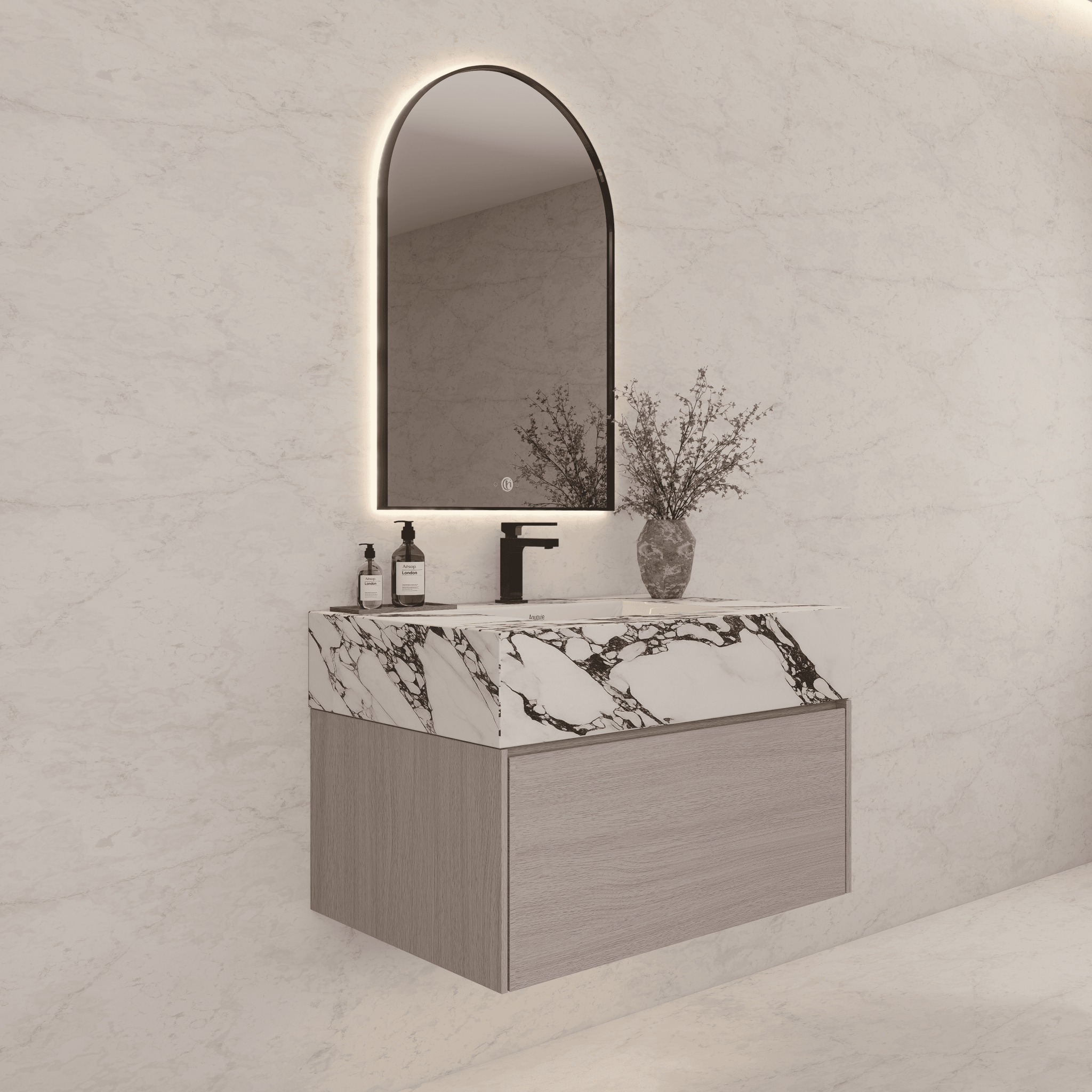 32"/ 36"/40" White Grey Oak Single Sink Floating Bathroom Vanity with Sintered Stone Top - VanityCalacatta Black NeoNova Decor