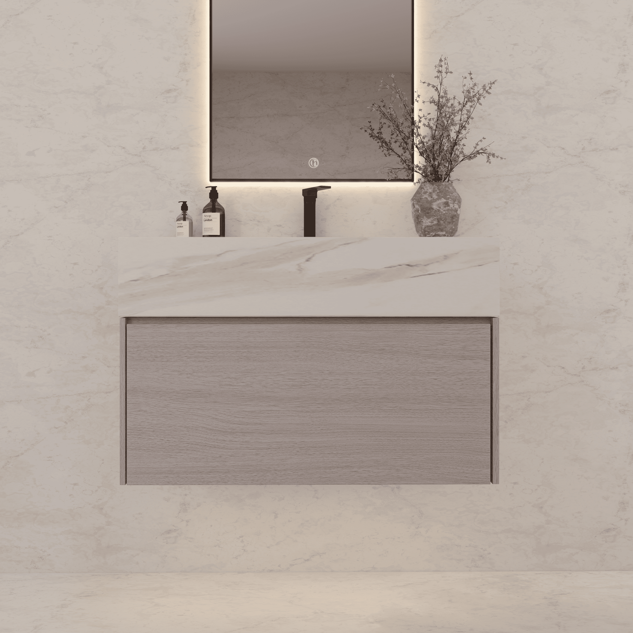 32"/ 36"/40" White Grey Oak Single Sink Floating Bathroom Vanity with Sintered Stone Top -VanityCalacatta Black