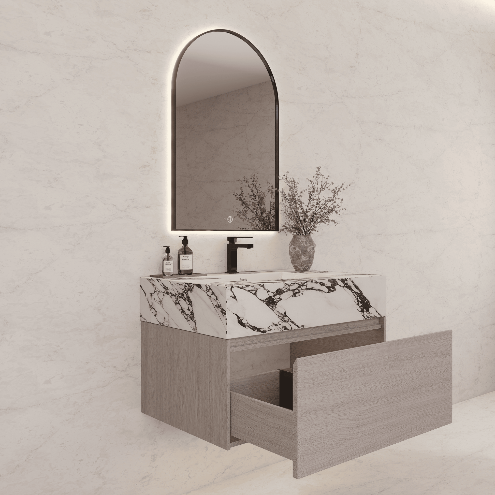 32"/ 36"/40" White Grey Oak Single Sink Floating Bathroom Vanity with Sintered Stone Top - VanityCalacatta Black NeoNova Decor