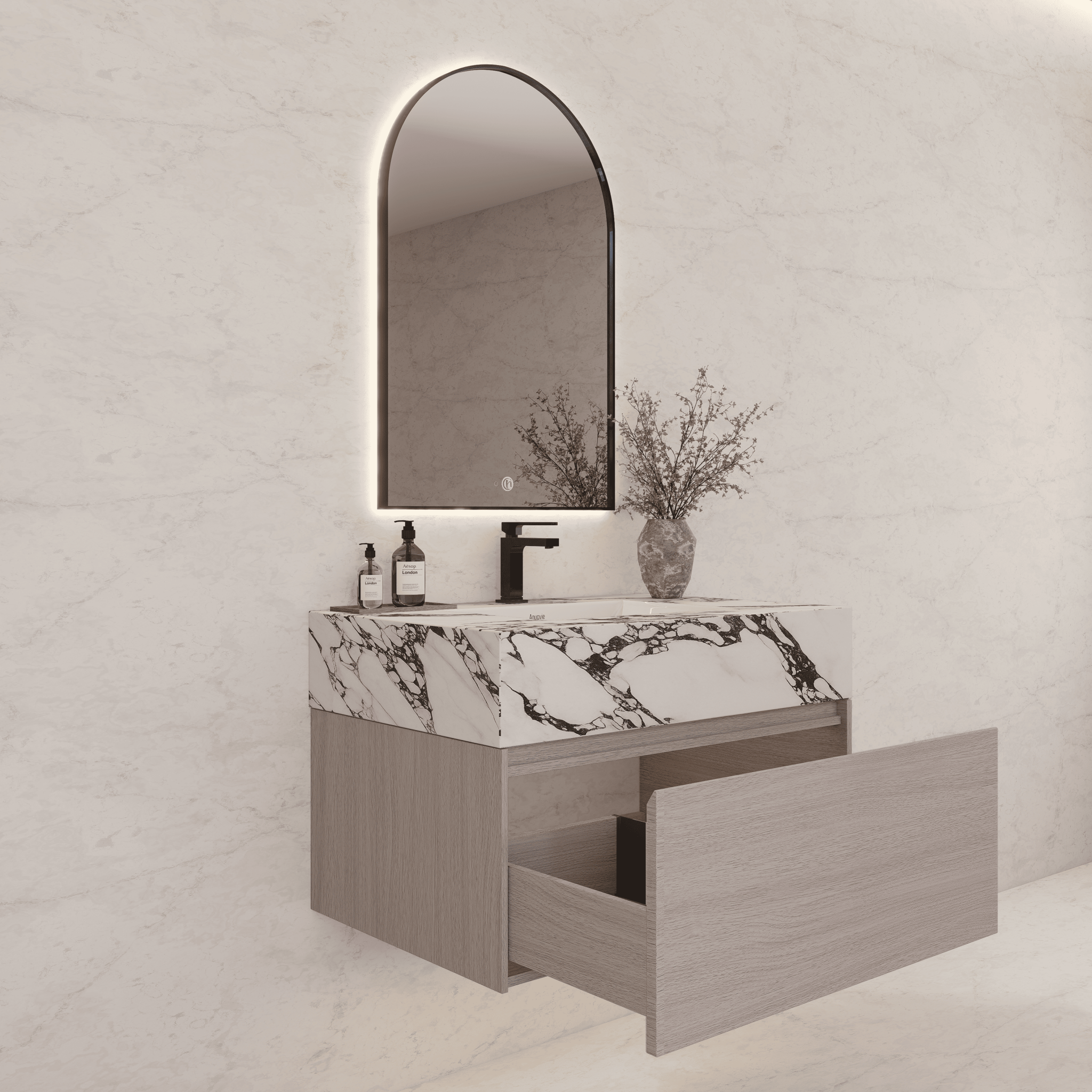 32"/ 36"/40" White Grey Oak Single Sink Floating Bathroom Vanity with Sintered Stone Top - VanityCalacatta Black NeoNova Decor