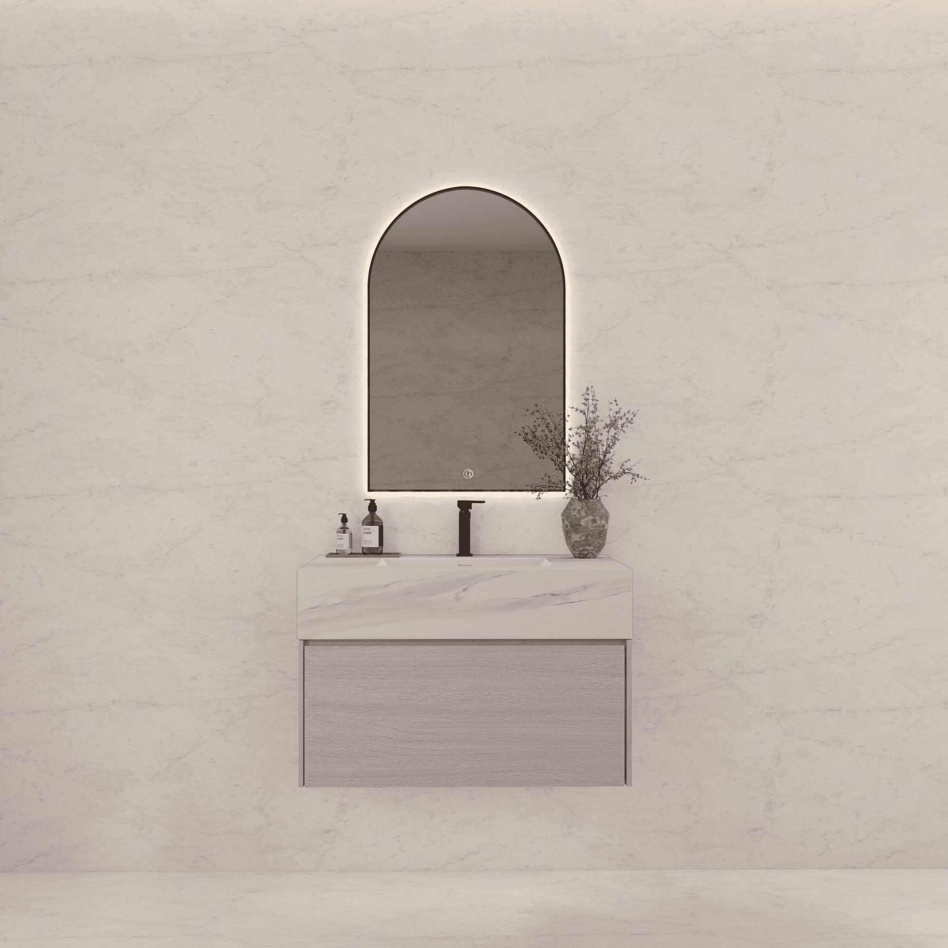 32"/ 36"/40" White Grey Oak Single Sink Floating Bathroom Vanity with Sintered Stone Top -VanityCalacatta Black