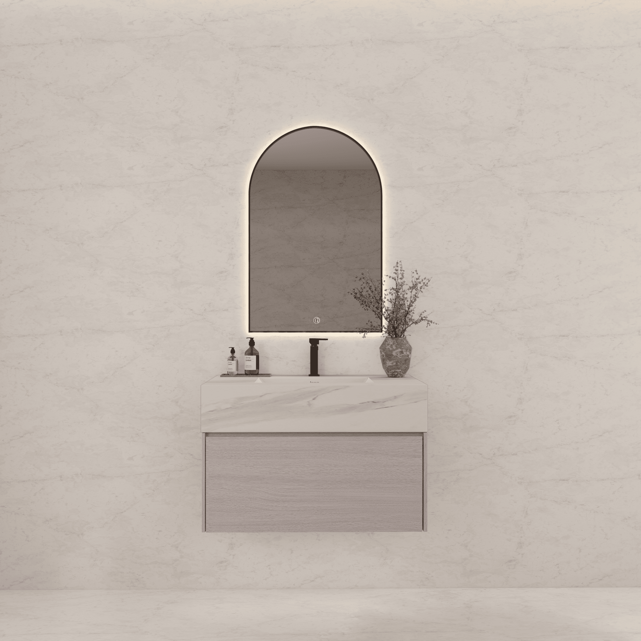 32"/ 36"/40" White Grey Oak Single Sink Floating Bathroom Vanity with Sintered Stone Top -VanityCalacatta Black