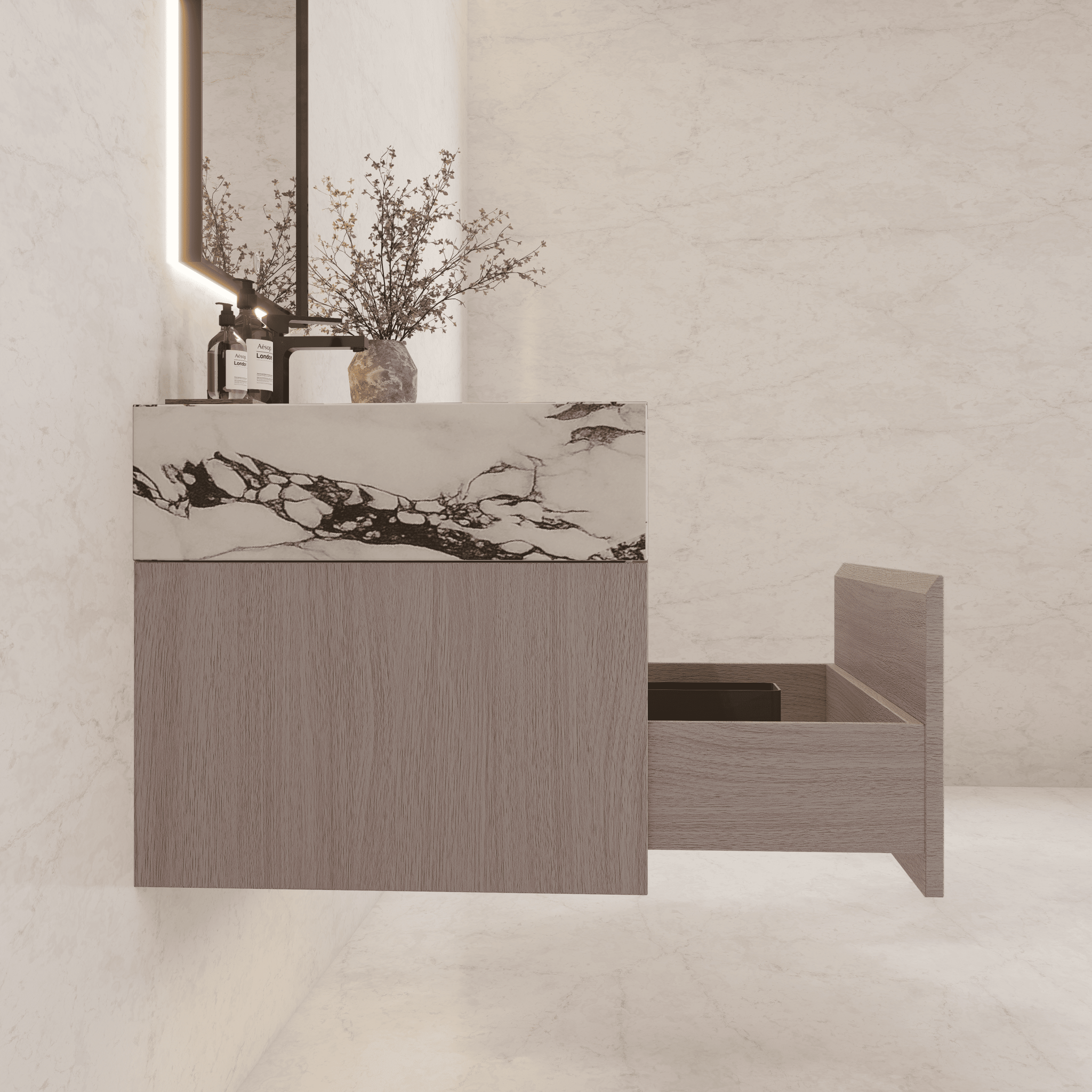 32"/ 36"/40" White Grey Oak Single Sink Floating Bathroom Vanity with Sintered Stone Top - VanityCalacatta Black NeoNova Decor