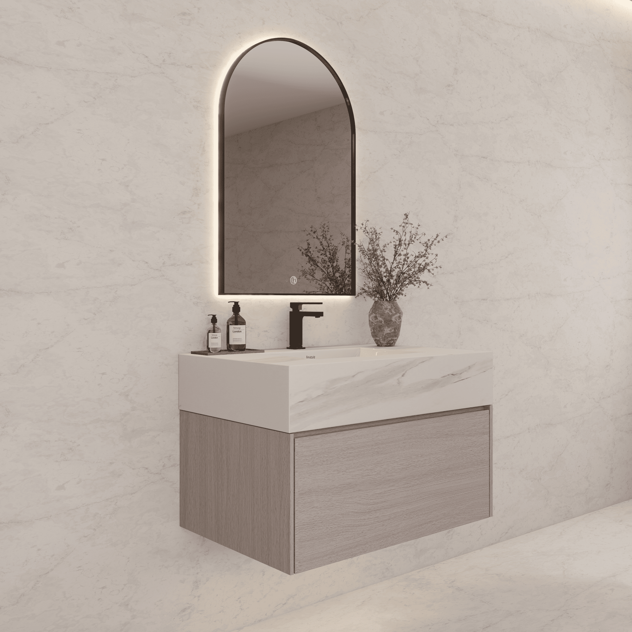 32"/ 36"/40" White Grey Oak Single Sink Floating Bathroom Vanity with Sintered Stone Top -VanityCalacatta Black