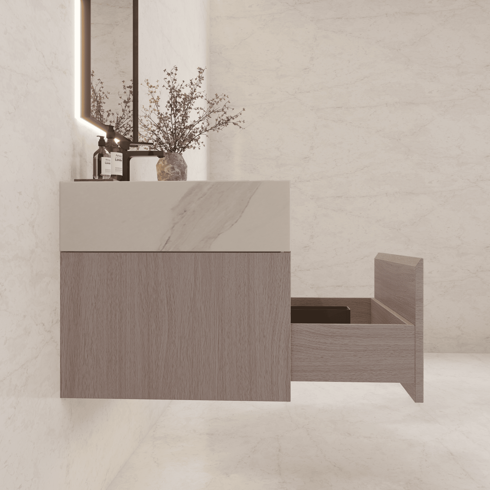 32"/ 36"/40" White Grey Oak Single Sink Floating Bathroom Vanity with Sintered Stone Top -VanityCalacatta Black