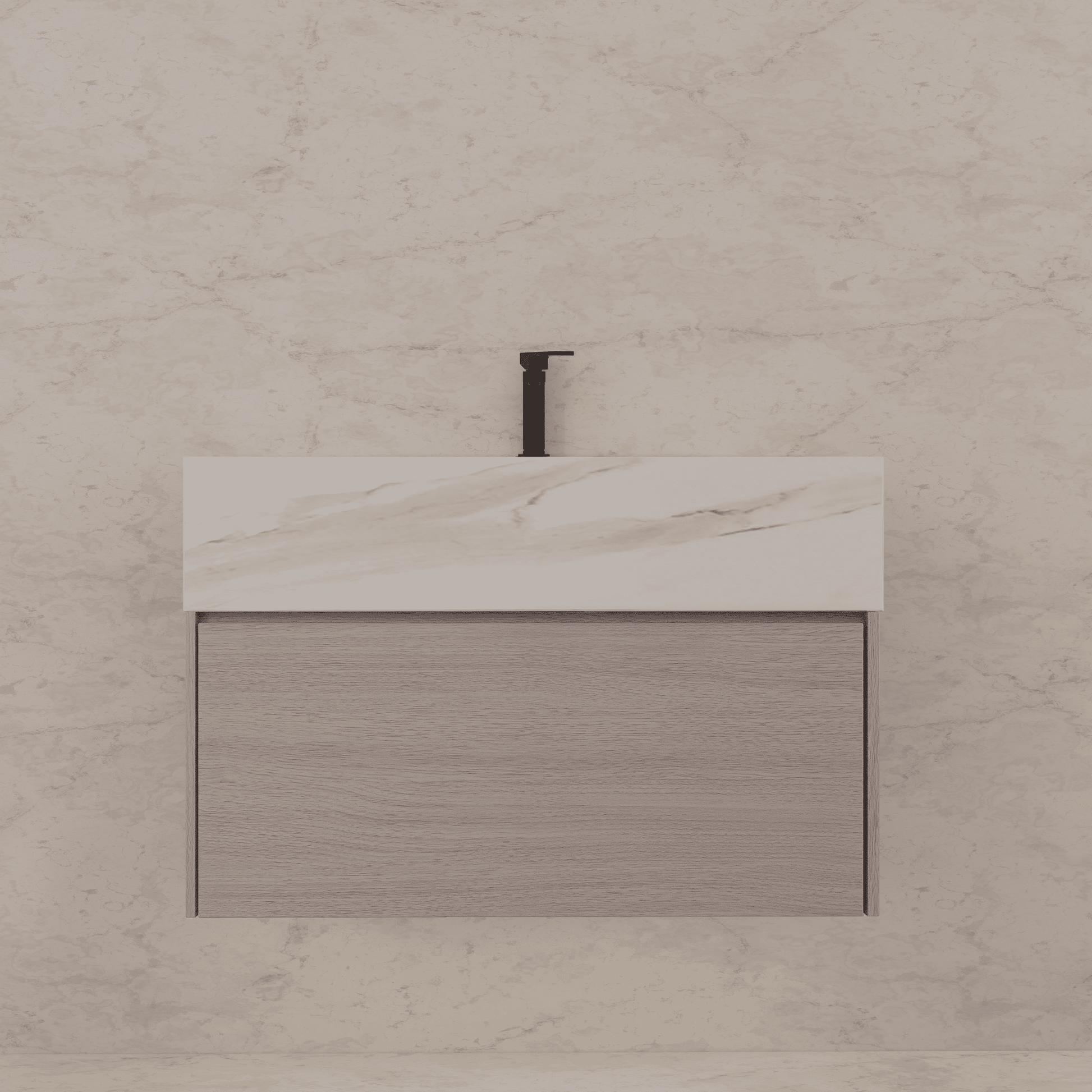 32"/ 36"/40" White Grey Oak Single Sink Floating Bathroom Vanity with Sintered Stone Top -VanityCalacatta Black