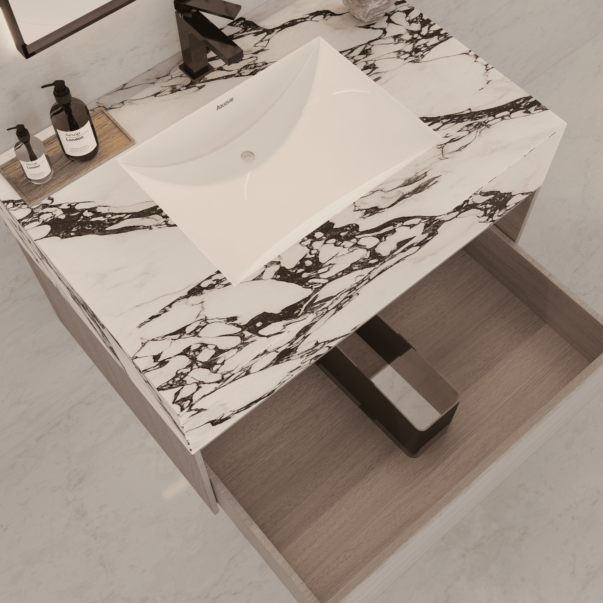 32"/ 36"/40" White Grey Oak Single Sink Floating Bathroom Vanity with Sintered Stone Top - VanityCalacatta Black NeoNova Decor