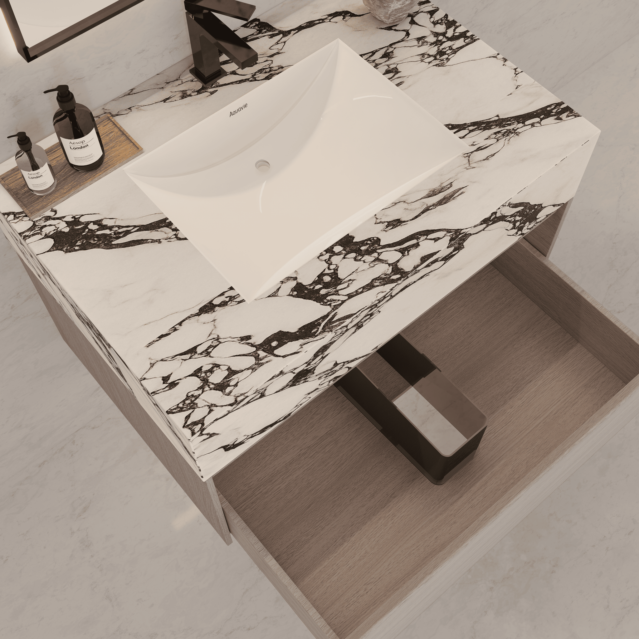 32"/ 36"/40" White Grey Oak Single Sink Floating Bathroom Vanity with Sintered Stone Top - VanityCalacatta Black NeoNova Decor