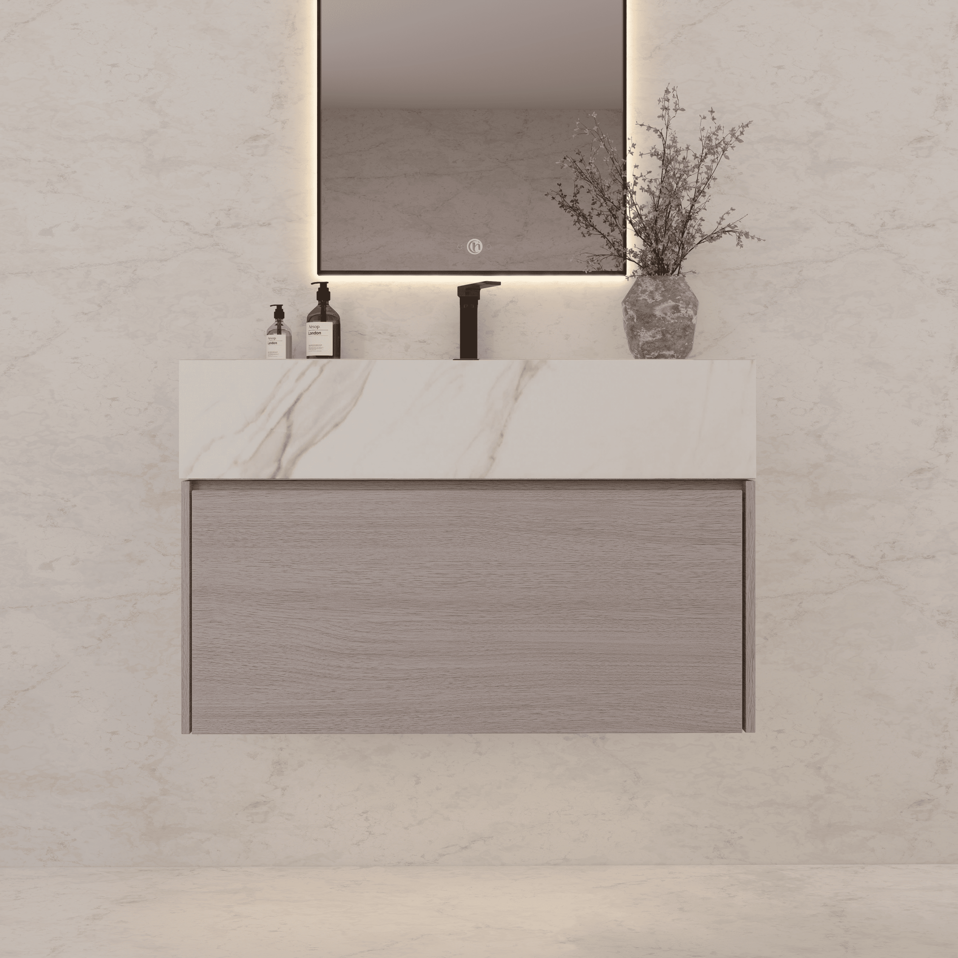 32"/ 36"/40" White Grey Oak Single Sink Floating Bathroom Vanity with Sintered Stone Top - VanityCalacatta Gold NeoNova Decor