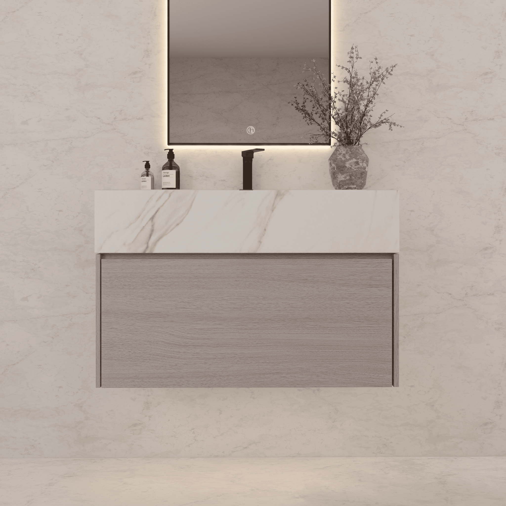 32"/ 36"/40" White Grey Oak Single Sink Floating Bathroom Vanity with Sintered Stone Top - VanityCalacatta Gold NeoNova Decor