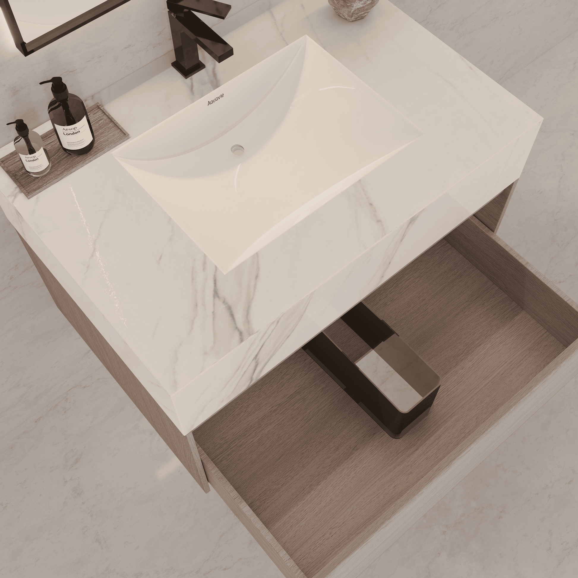 32"/ 36"/40" White Grey Oak Single Sink Floating Bathroom Vanity with Sintered Stone Top - VanityCalacatta Gold NeoNova Decor