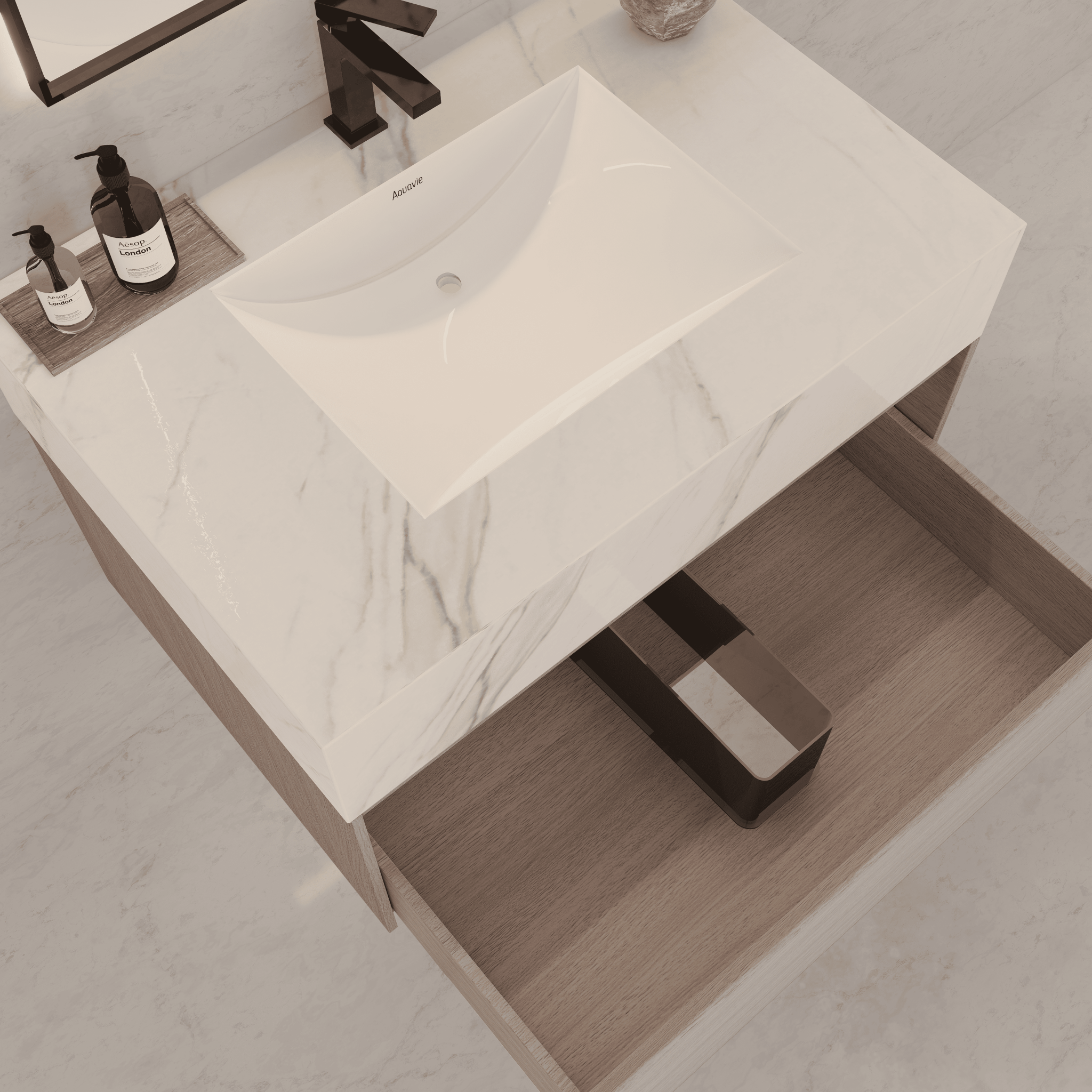 32"/ 36"/40" White Grey Oak Single Sink Floating Bathroom Vanity with Sintered Stone Top - VanityCalacatta Gold NeoNova Decor
