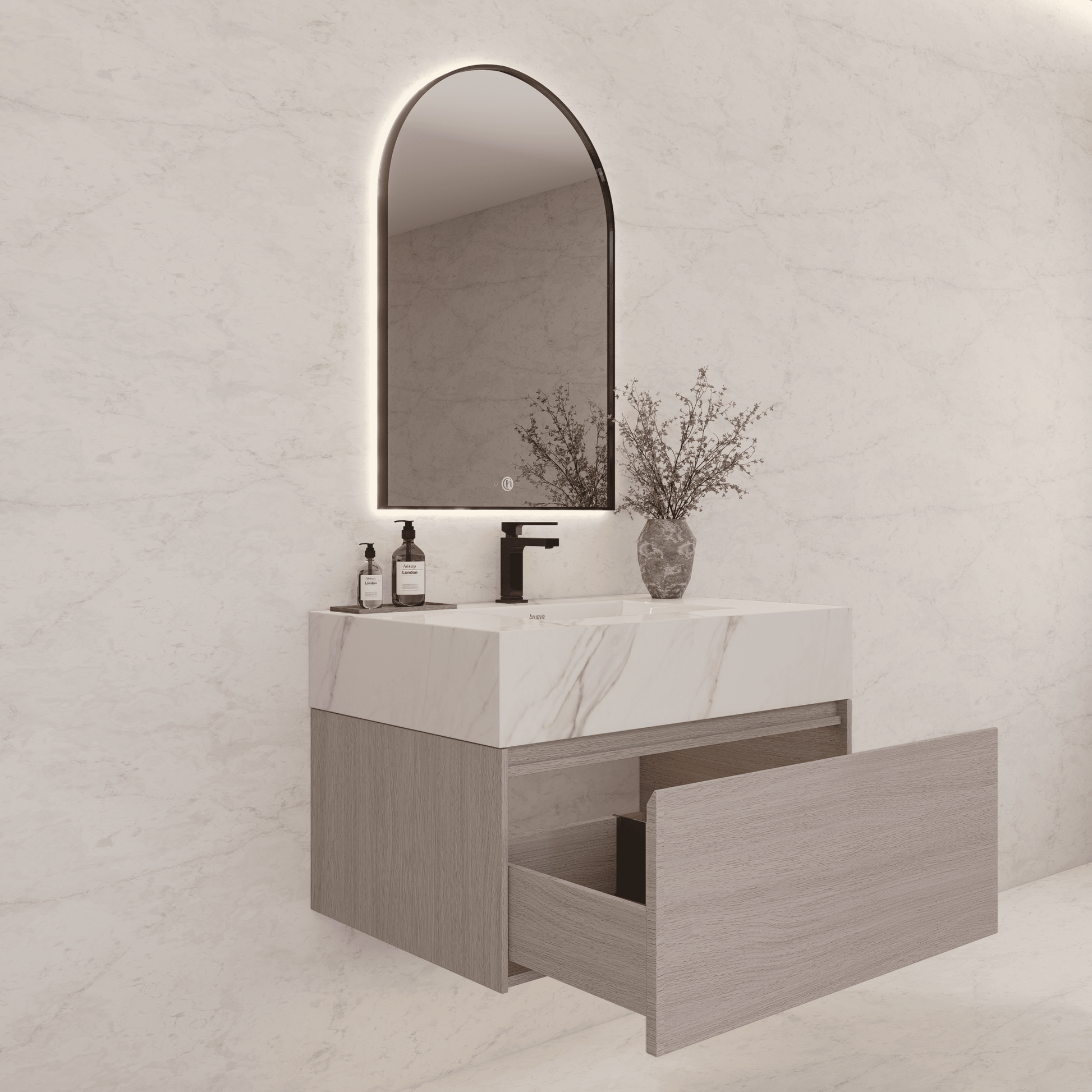 32"/ 36"/40" White Grey Oak Single Sink Floating Bathroom Vanity with Sintered Stone Top - VanityCalacatta Gold NeoNova Decor