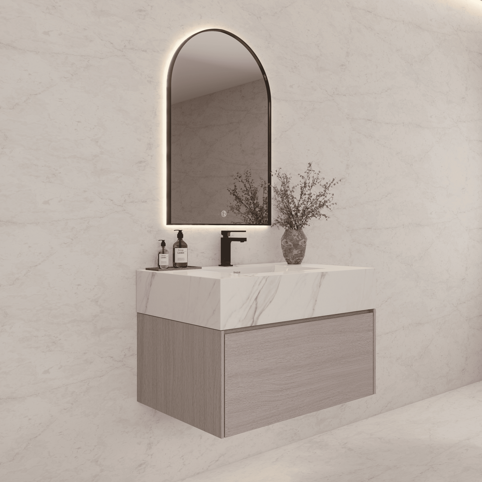 32"/ 36"/40" White Grey Oak Single Sink Floating Bathroom Vanity with Sintered Stone Top - VanityCalacatta Gold NeoNova Decor