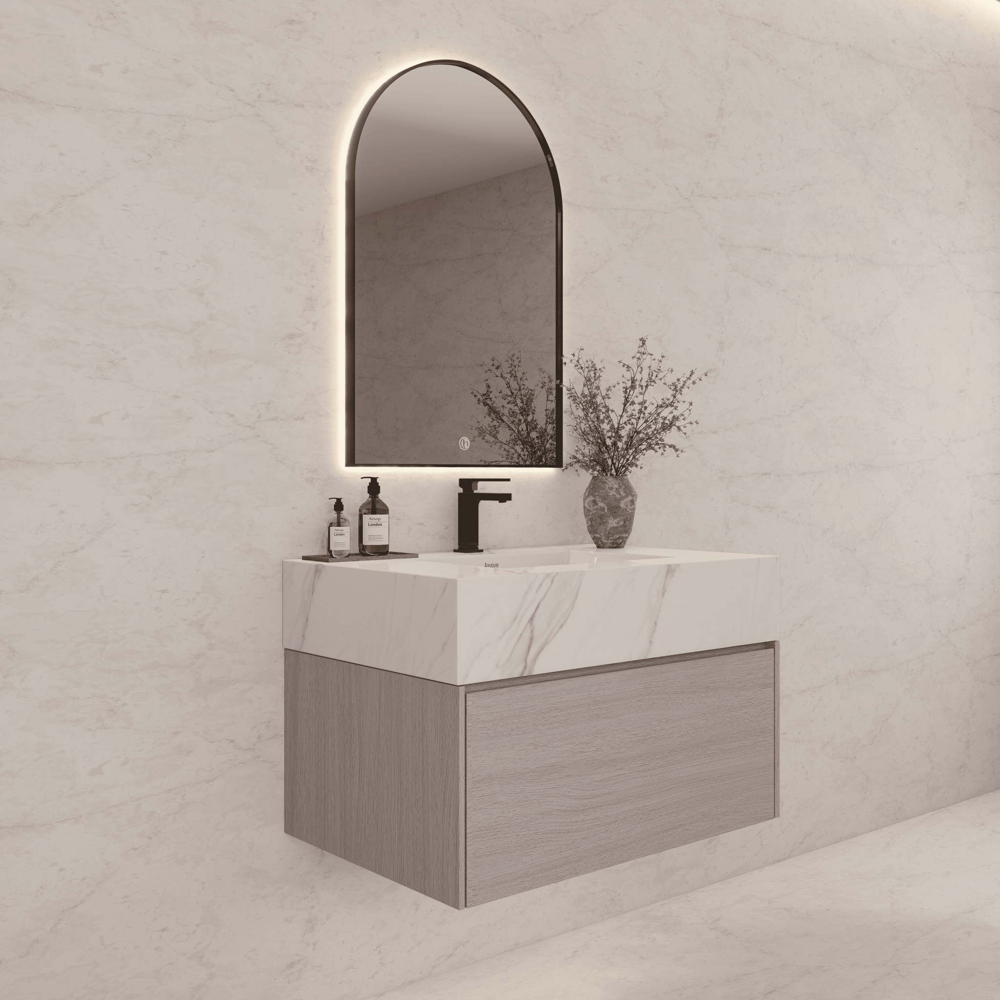 32"/ 36"/40" White Grey Oak Single Sink Floating Bathroom Vanity with Sintered Stone Top - VanityCalacatta Gold NeoNova Decor