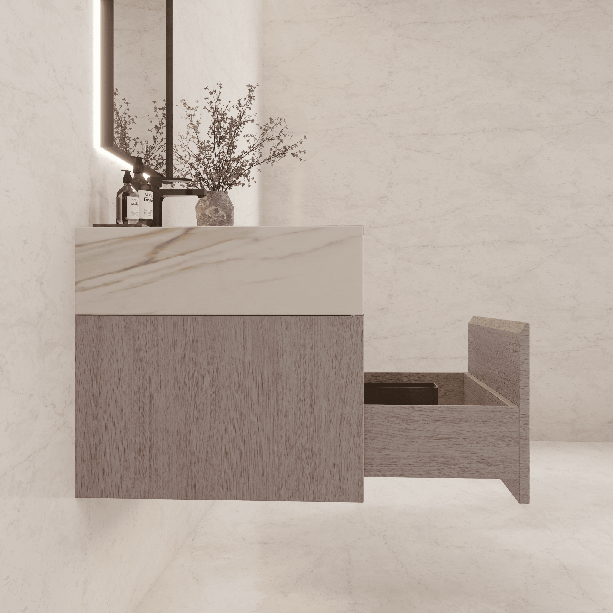 32"/ 36"/40" White Grey Oak Single Sink Floating Bathroom Vanity with Sintered Stone Top - VanityCalacatta Gold NeoNova Decor