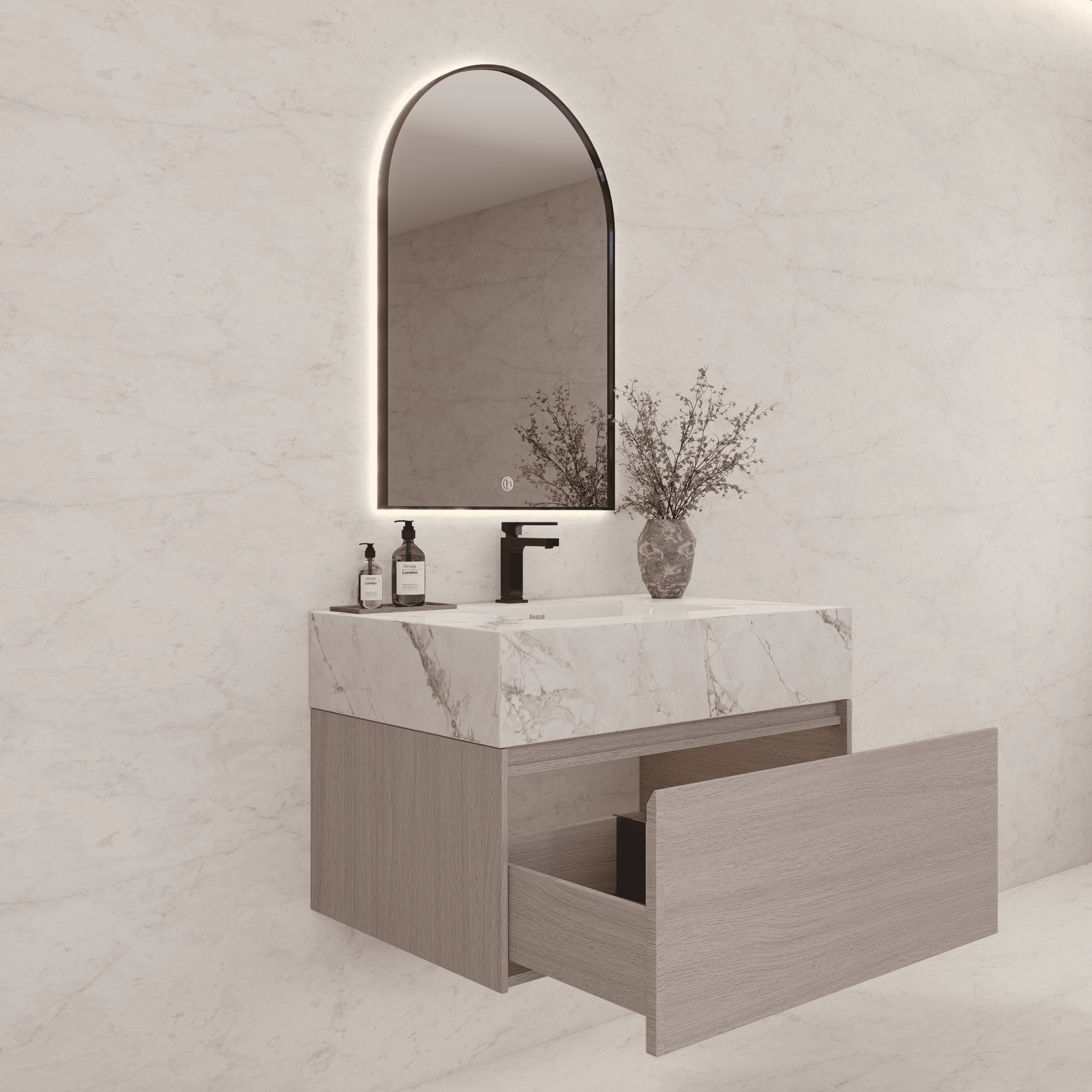 32"/ 36"/40" White Grey Oak Single Sink Floating Bathroom Vanity with Sintered Stone Top - VanityIce Grey NeoNova Decor