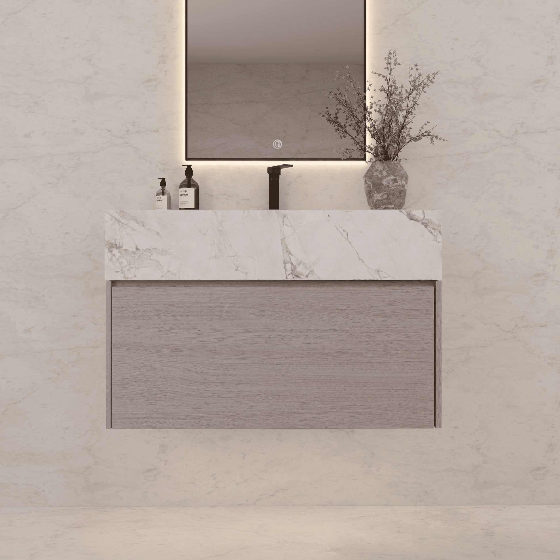 32"/ 36"/40" White Grey Oak Single Sink Floating Bathroom Vanity with Sintered Stone Top - VanityIce Grey NeoNova Decor