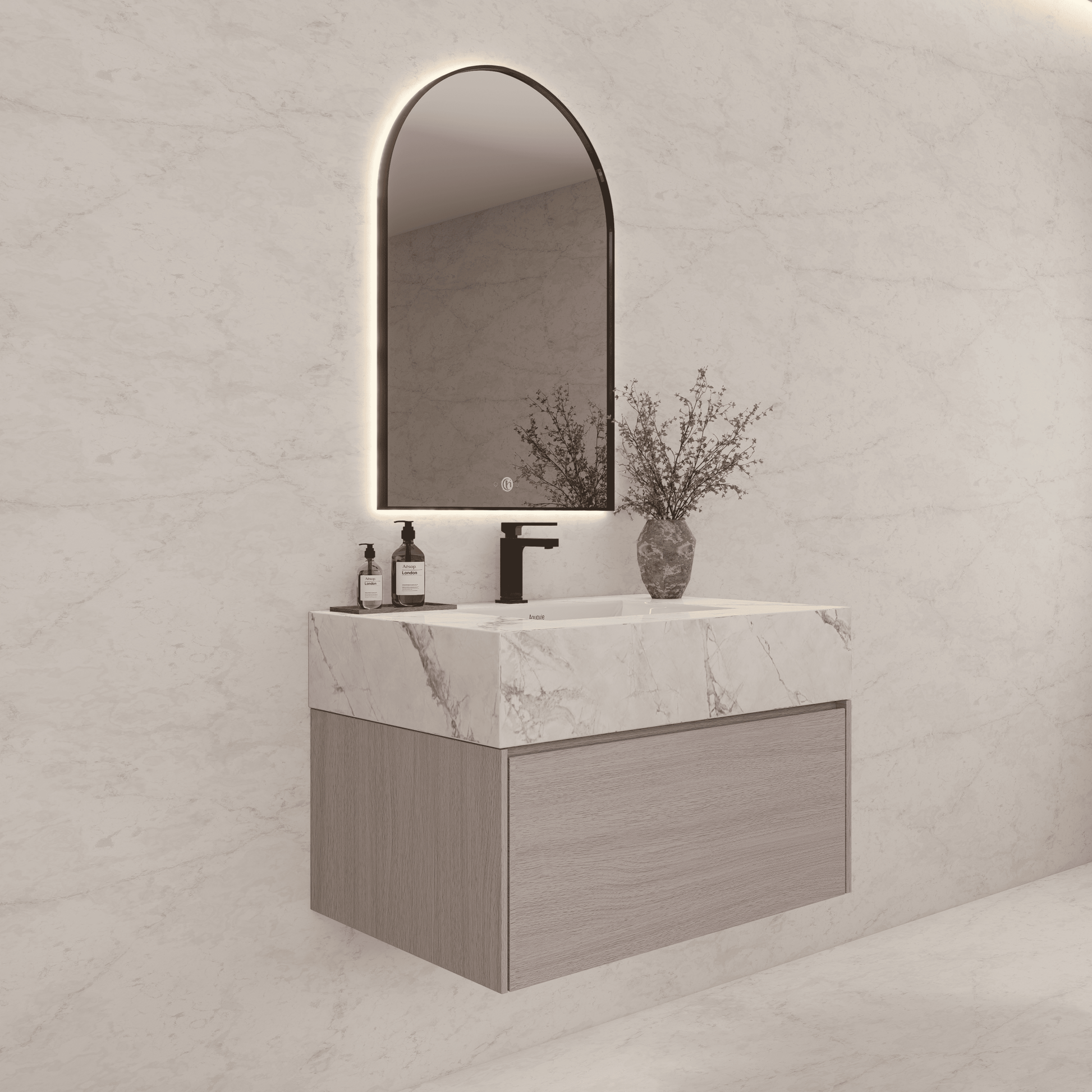 32"/ 36"/40" White Grey Oak Single Sink Floating Bathroom Vanity with Sintered Stone Top - VanityIce Grey NeoNova Decor