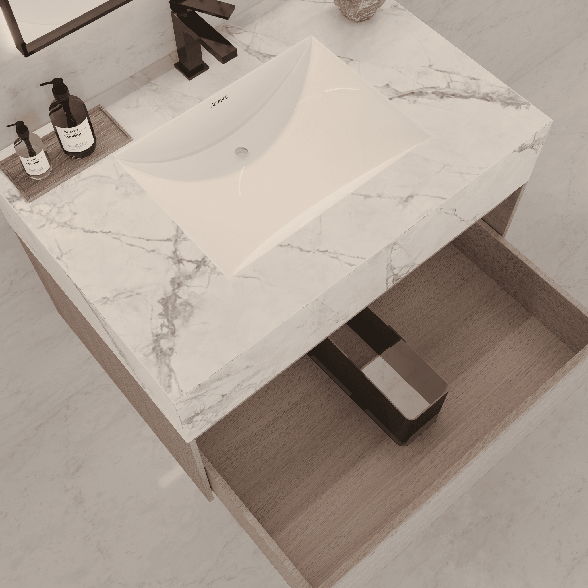 32"/ 36"/40" White Grey Oak Single Sink Floating Bathroom Vanity with Sintered Stone Top - VanityIce Grey NeoNova Decor