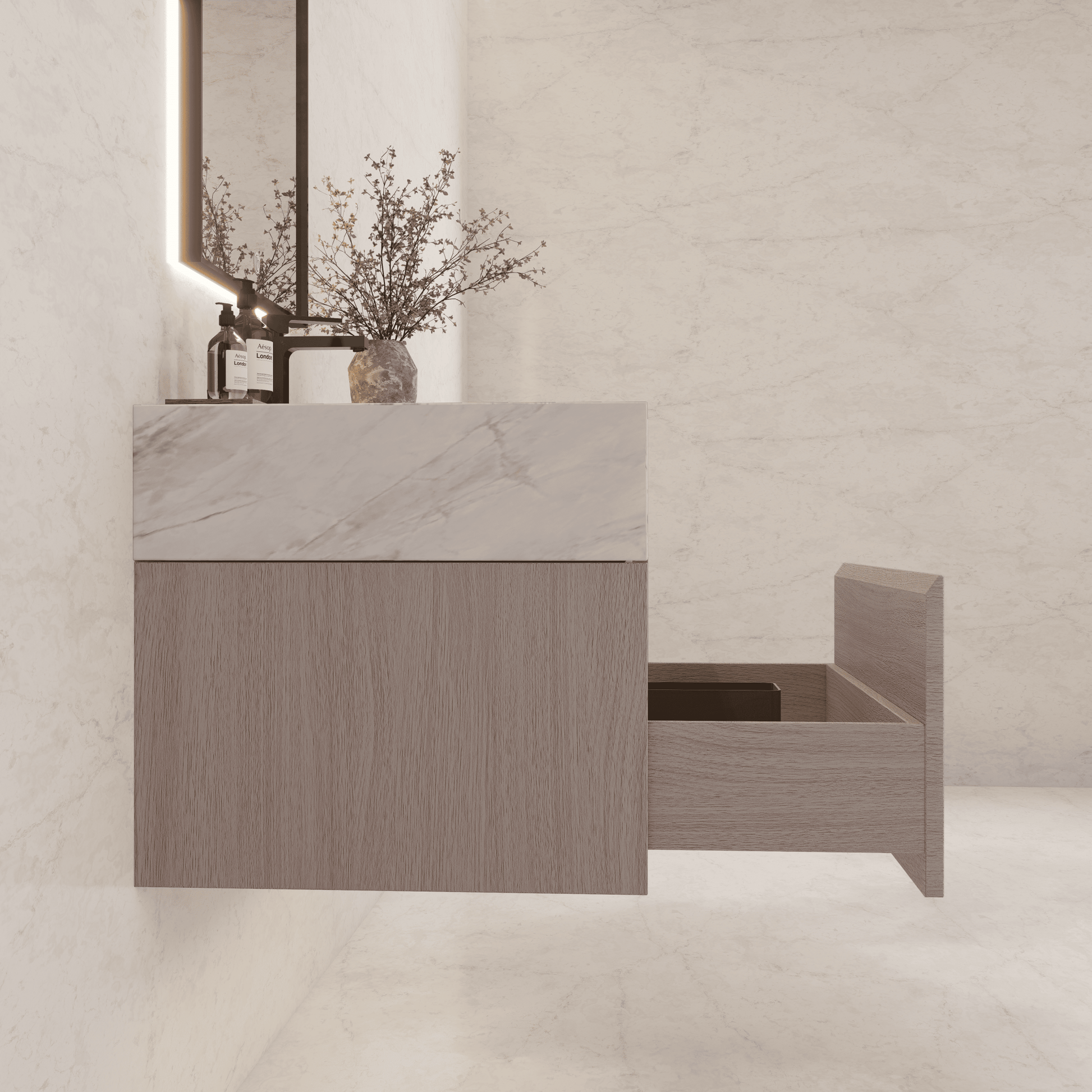 32"/ 36"/40" White Grey Oak Single Sink Floating Bathroom Vanity with Sintered Stone Top - VanityIce Grey NeoNova Decor