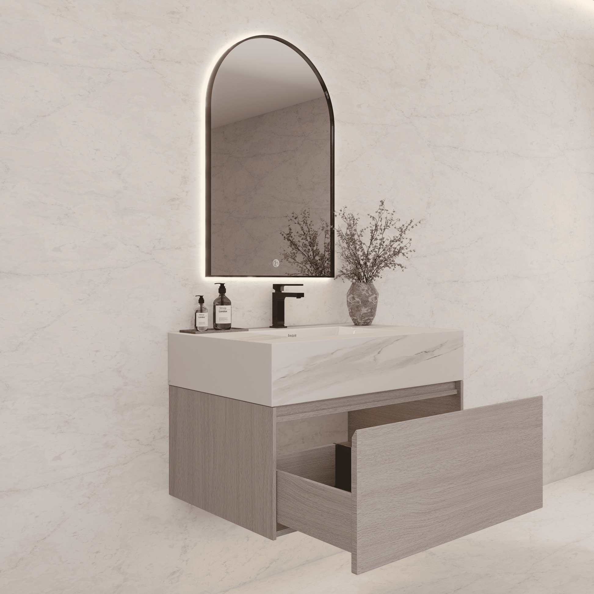 32"/ 36"/40" White Grey Oak Single Sink Floating Bathroom Vanity with Sintered Stone Top - VanityWhite Carrara