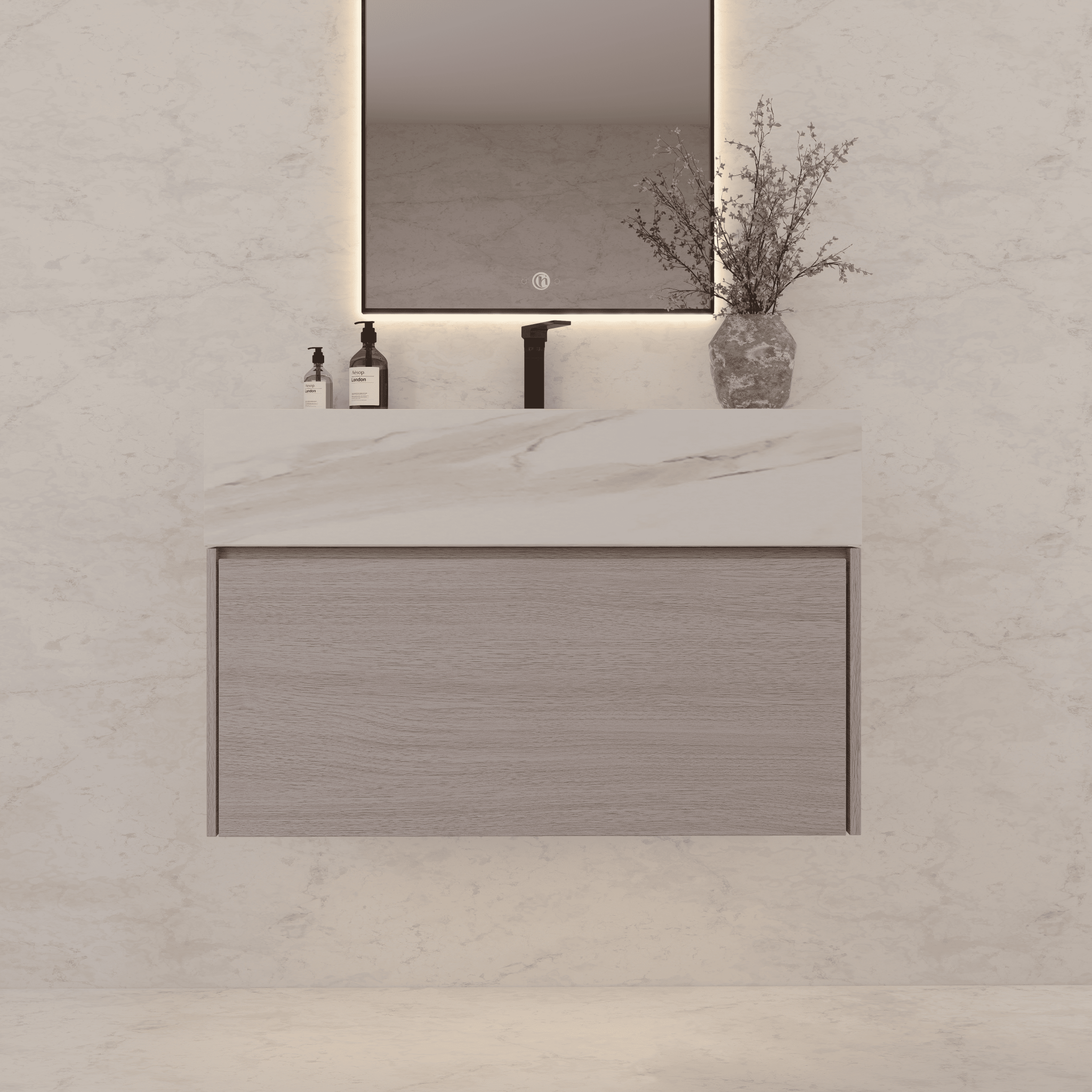 32"/ 36"/40" White Grey Oak Single Sink Floating Bathroom Vanity with Sintered Stone Top - VanityWhite Carrara