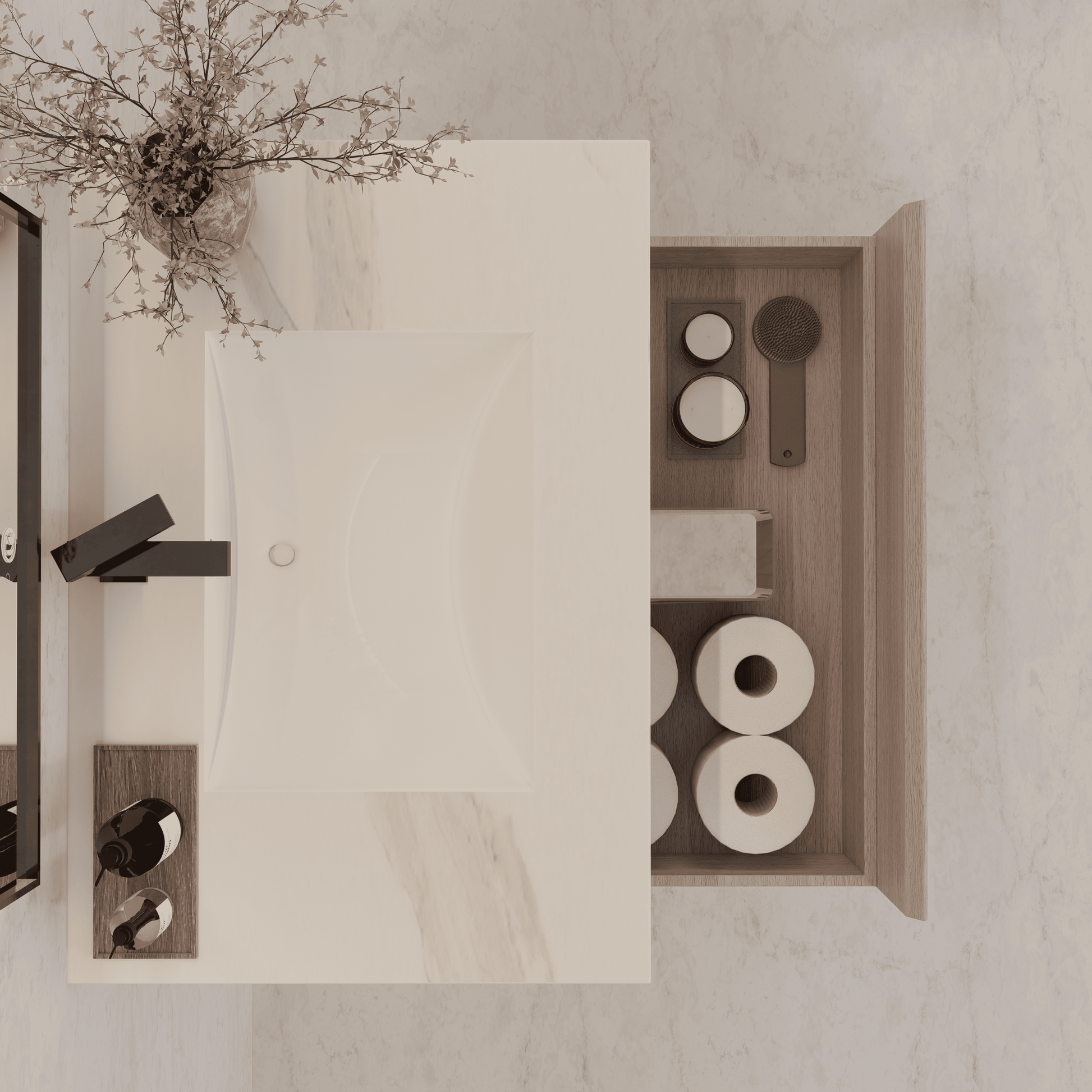 32"/ 36"/40" White Grey Oak Single Sink Floating Bathroom Vanity with Sintered Stone Top - VanityWhite Carrara