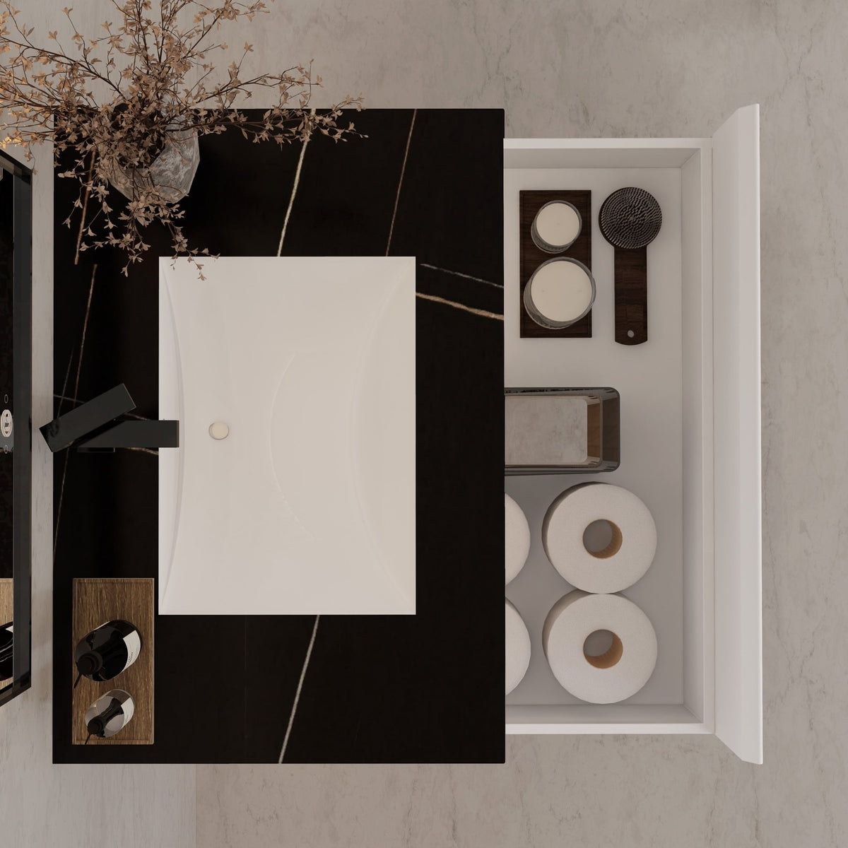 32"/ 36"/40" White Single Sink Floating Bathroom Vanity with Sintered Stone Top -VanityBlack Marquina Gold Veins