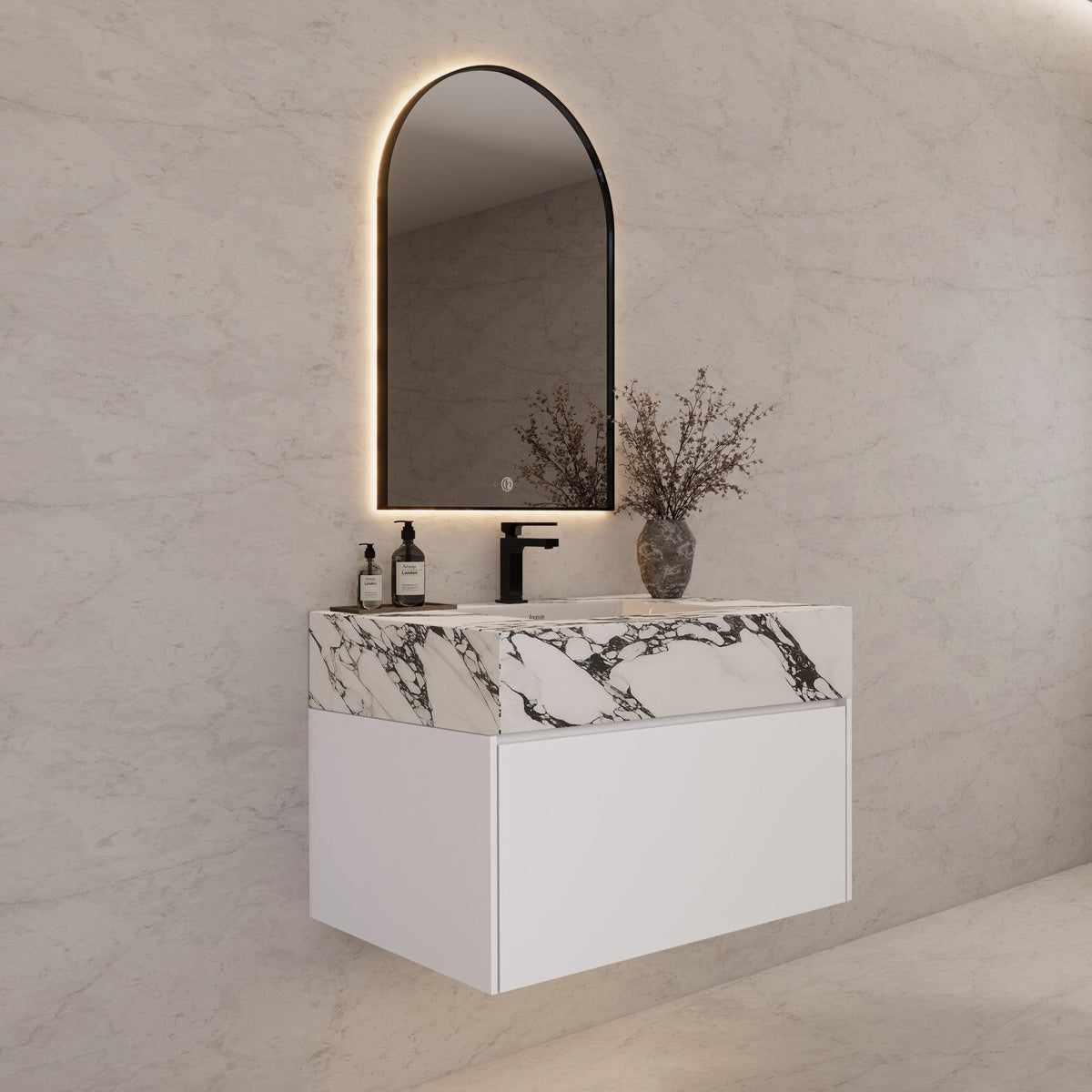 32"/ 36"/40" White Single Sink Floating Bathroom Vanity with Sintered Stone Top -VanityCalacatta Black