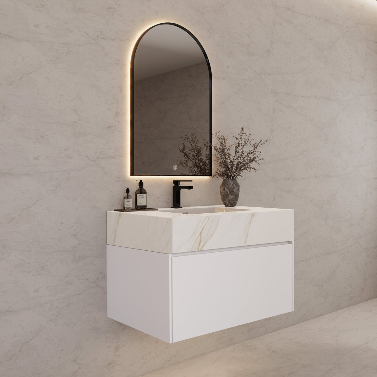 32"/ 36"/40" White Single Sink Floating Bathroom Vanity with Sintered Stone Top -VanityCalacatta Gold