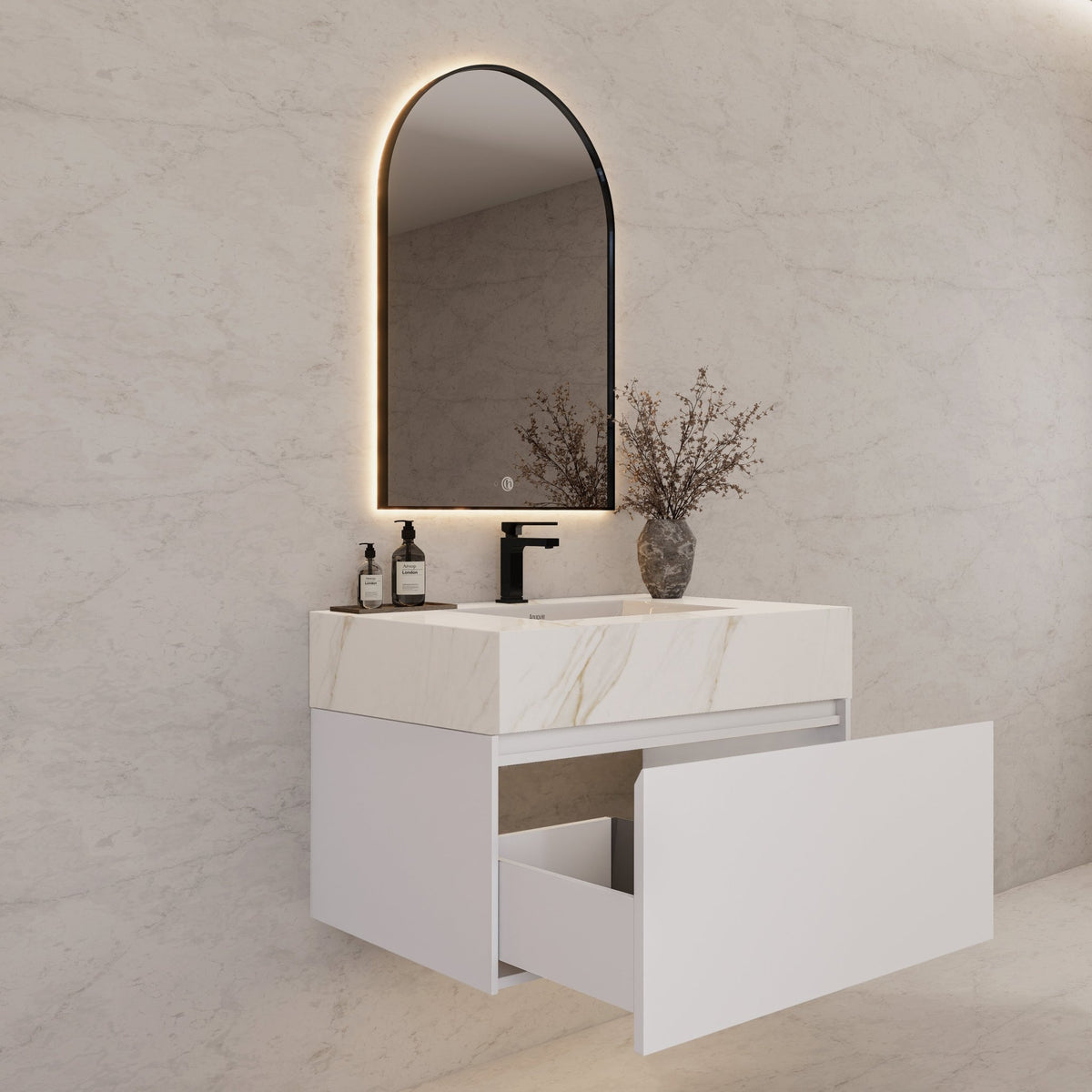 32"/ 36"/40" White Single Sink Floating Bathroom Vanity with Sintered Stone Top -VanityCalacatta Gold