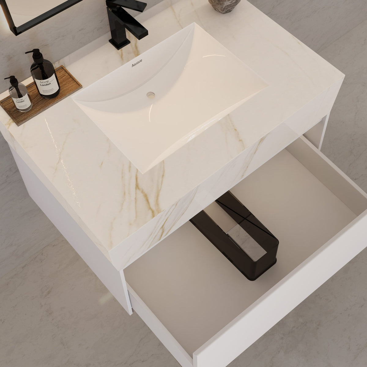 32"/ 36"/40" White Single Sink Floating Bathroom Vanity with Sintered Stone Top -VanityCalacatta Gold