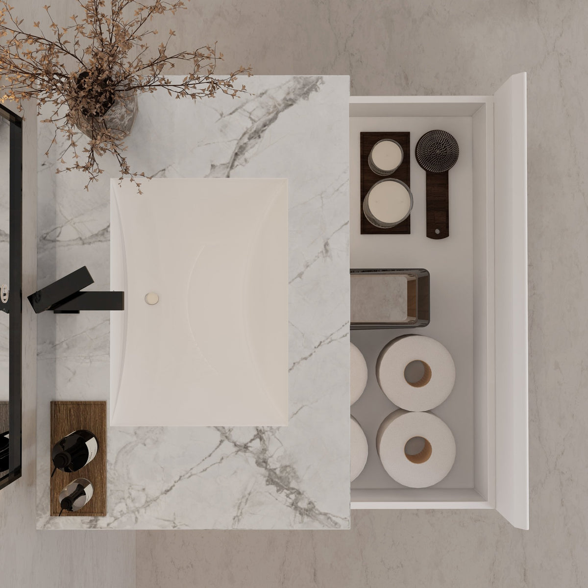 32"/ 36"/40" White Single Sink Floating Bathroom Vanity with Sintered Stone Top -VanityIce Grey