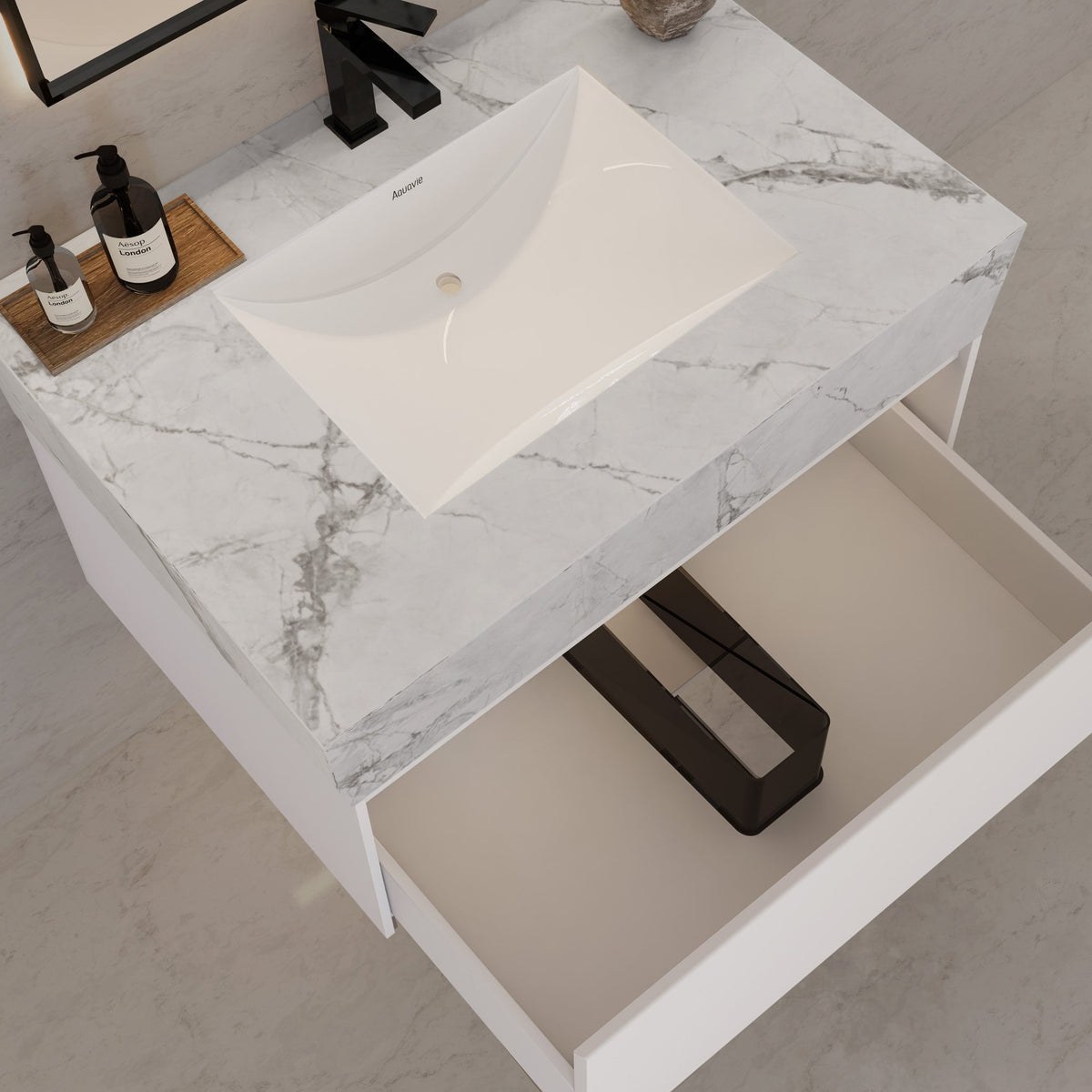 32"/ 36"/40" White Single Sink Floating Bathroom Vanity with Sintered Stone Top -VanityIce Grey