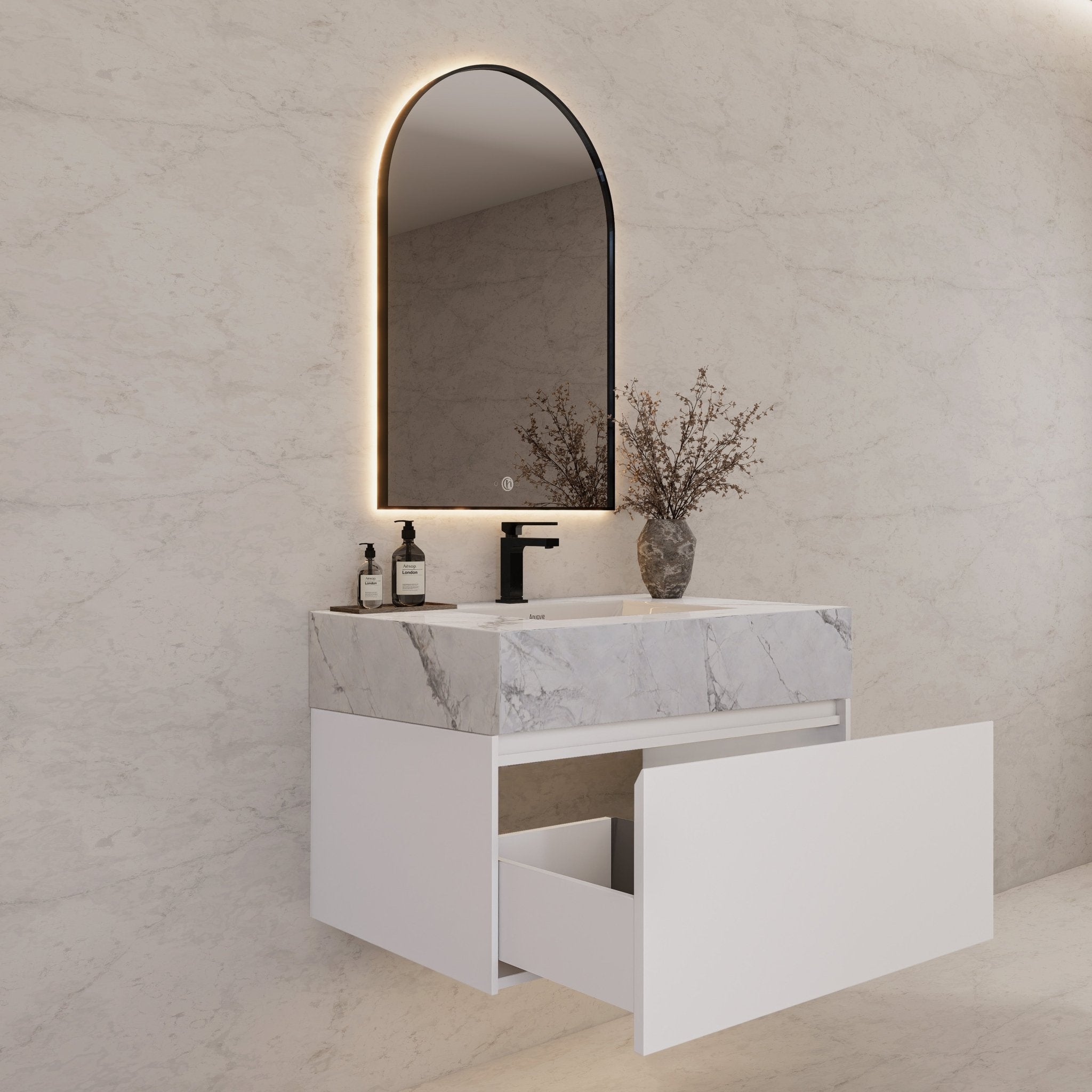 32"/ 36"/40" White Single Sink Floating Bathroom Vanity with Sintered Stone Top -VanityIce Grey