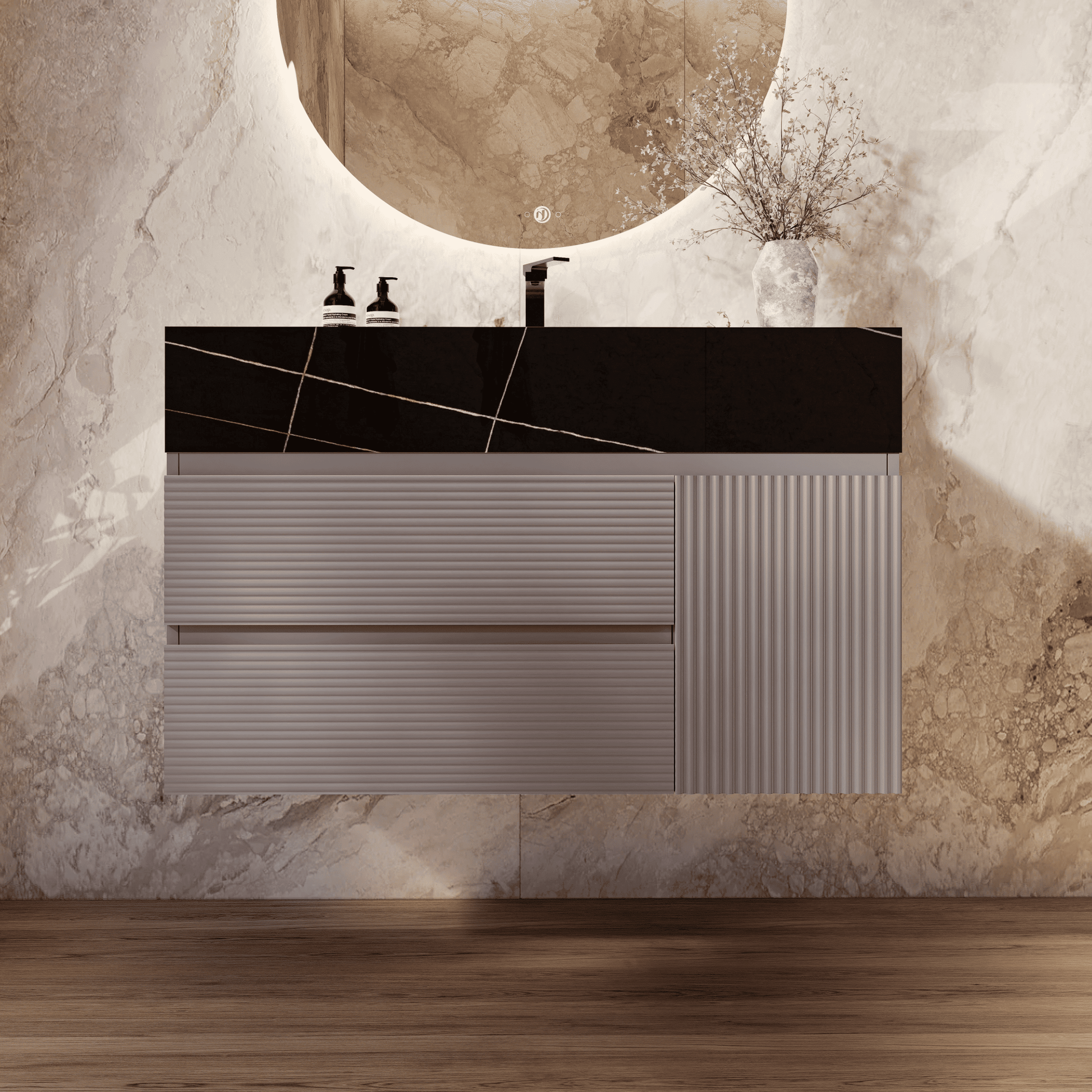 32", 40", 48" Light Grey Fluted Floating Vanity with Seamless Stone Sink - VanityBlack Marquina Gold Veins