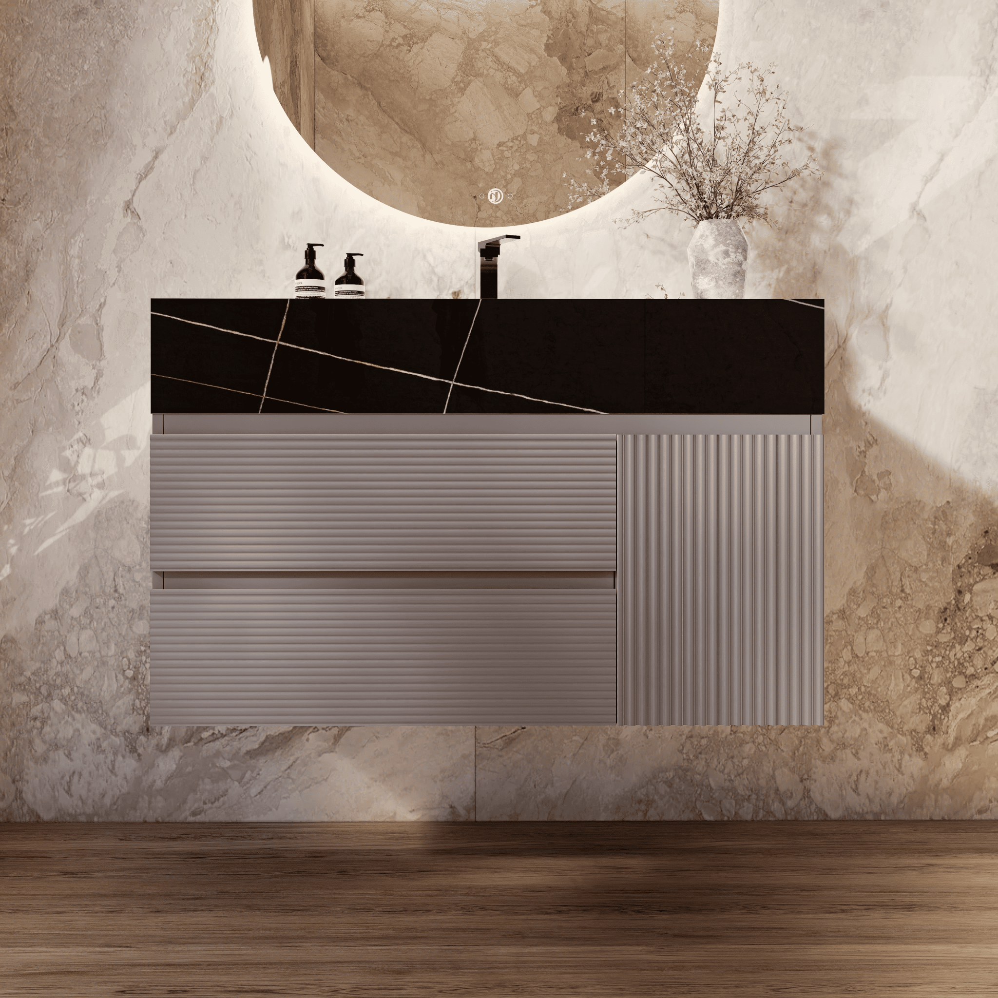 32", 40", 48" Light Grey Fluted Floating Vanity with Seamless Stone Sink - VanityBlack Marquina Gold Veins