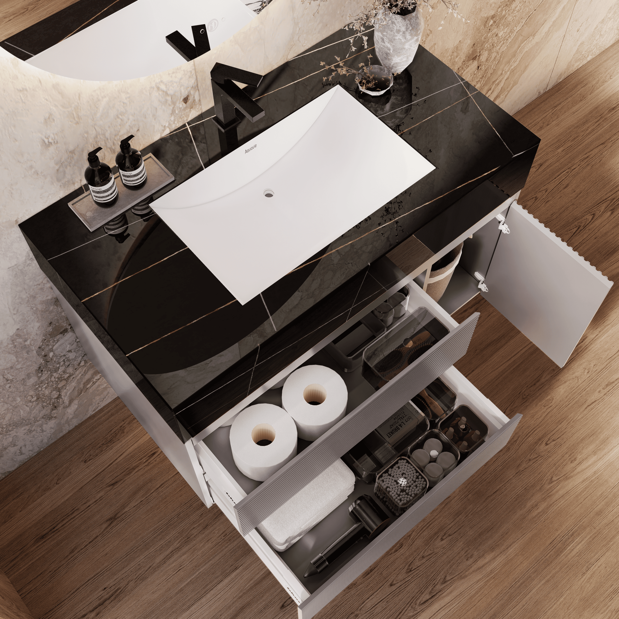 32", 40", 48" Light Grey Fluted Floating Vanity with Seamless Stone Sink - VanityBlack Marquina Gold Veins