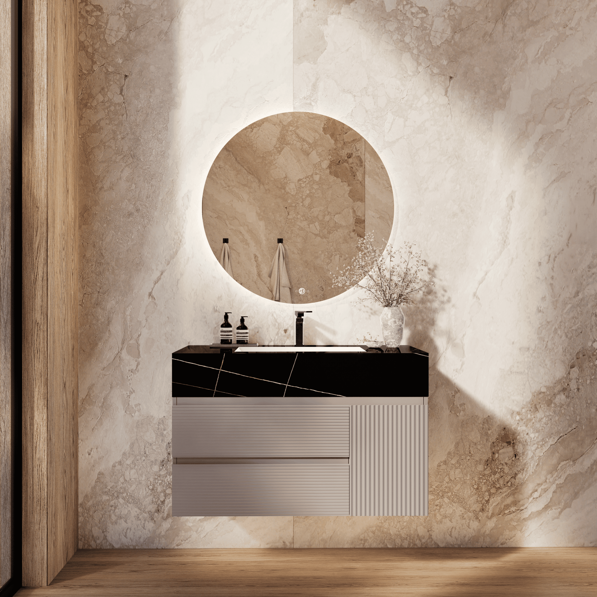 32", 40", 48" Light Grey Fluted Floating Vanity with Seamless Stone Sink - VanityBlack Marquina Gold Veins