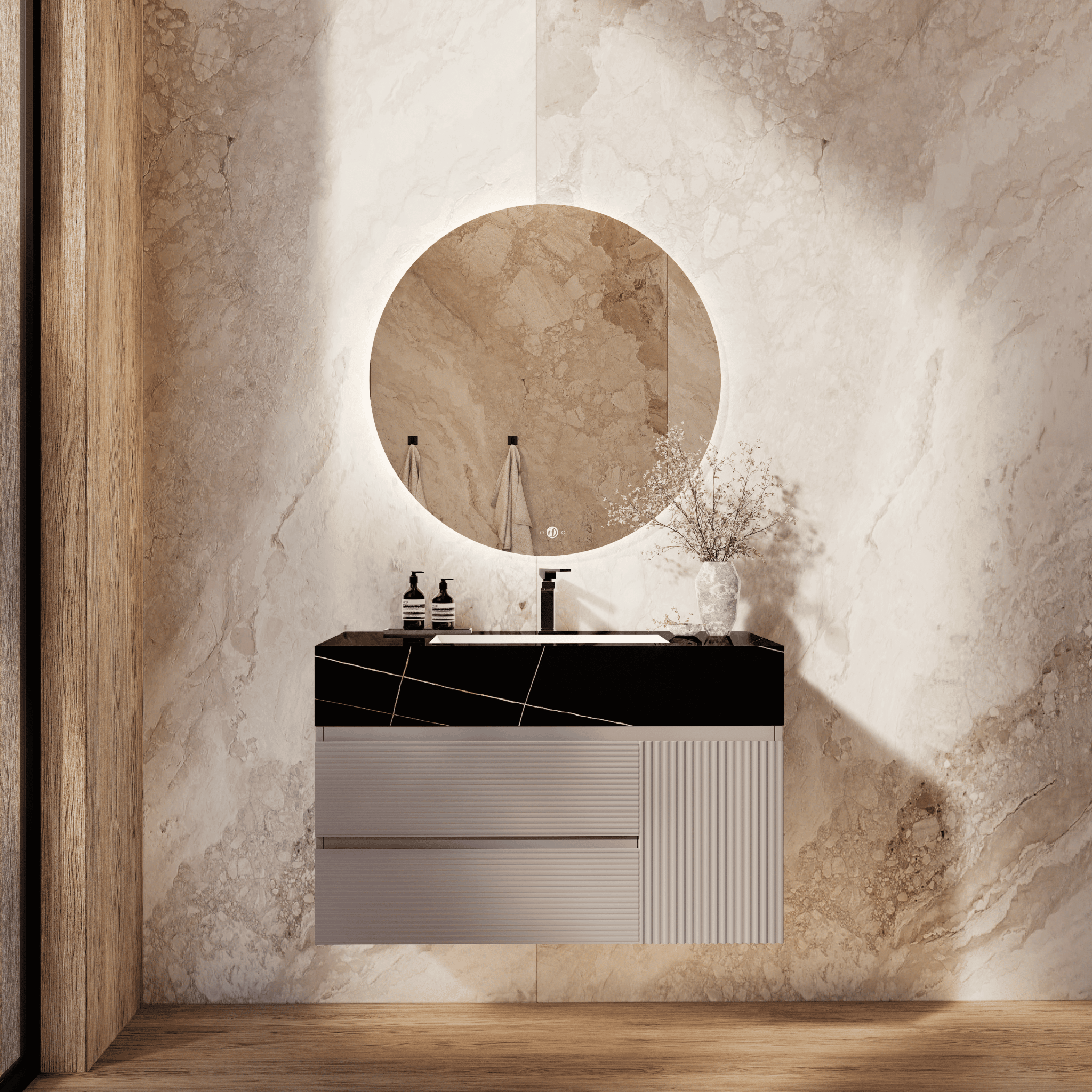 32", 40", 48" Light Grey Fluted Floating Vanity with Seamless Stone Sink - VanityBlack Marquina Gold Veins