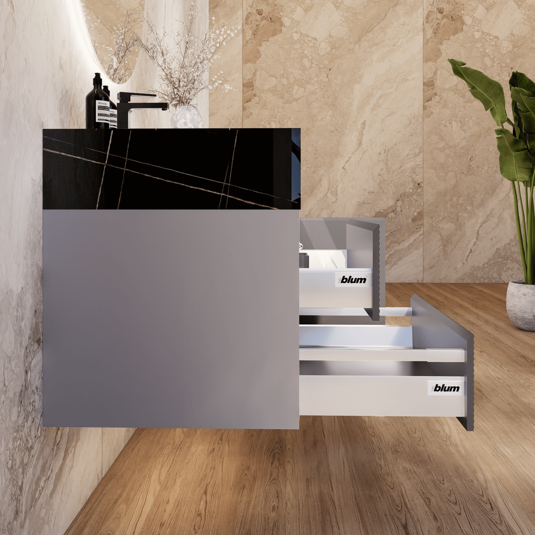 32", 40", 48" Light Grey Fluted Floating Vanity with Seamless Stone Sink - VanityBlack Marquina Gold Veins