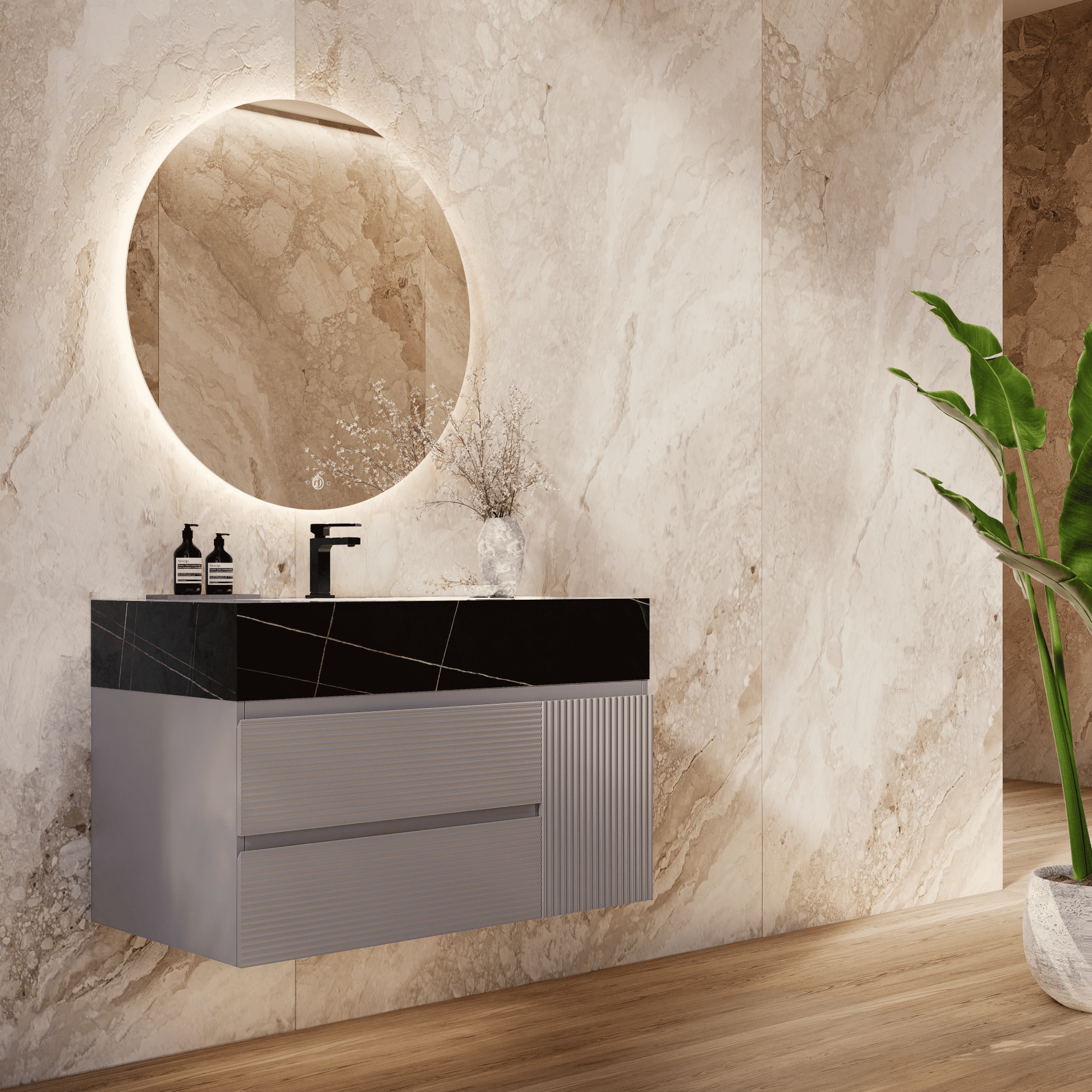 32", 40", 48" Light Grey Fluted Floating Vanity with Seamless Stone Sink - VanityBlack Marquina Gold Veins