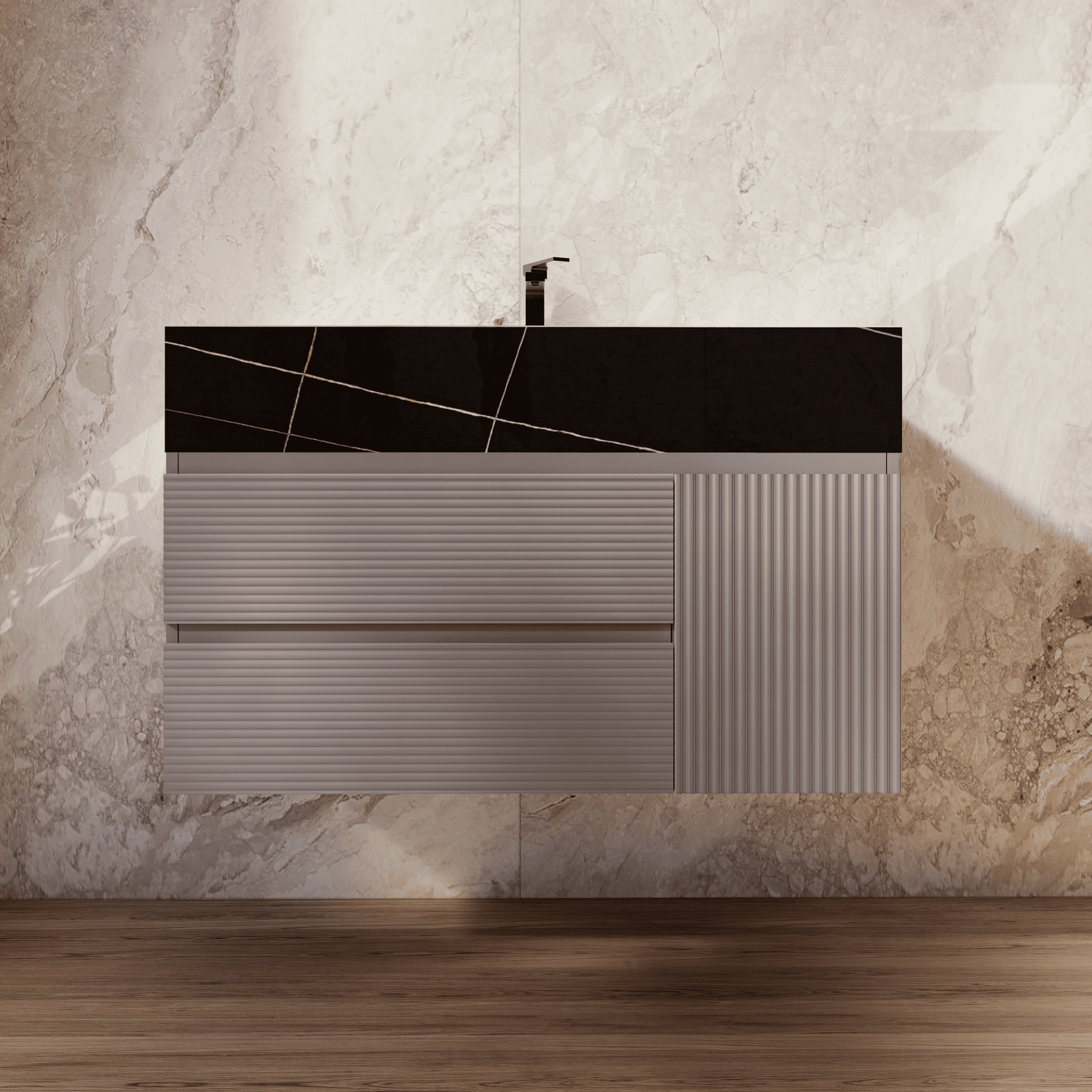 32", 40", 48" Light Grey Fluted Floating Vanity with Seamless Stone Sink - VanityBlack Marquina Gold Veins