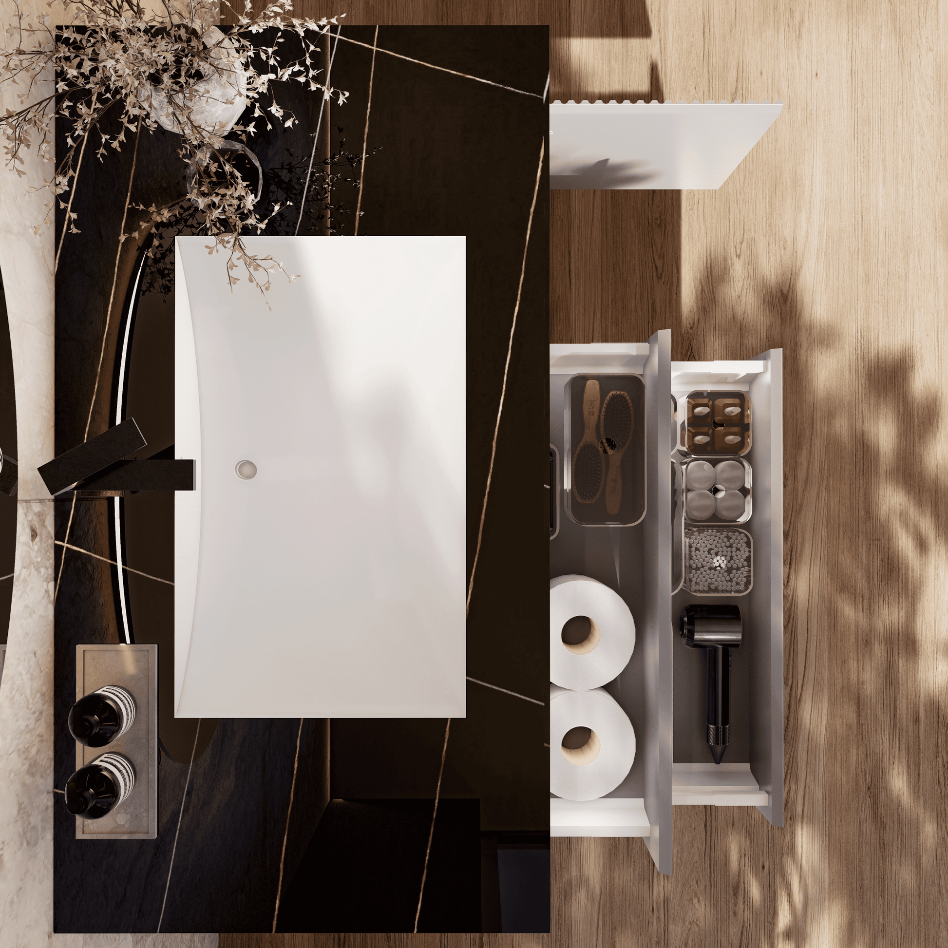 32", 40", 48" Light Grey Fluted Floating Vanity with Seamless Stone Sink - VanityBlack Marquina Gold Veins