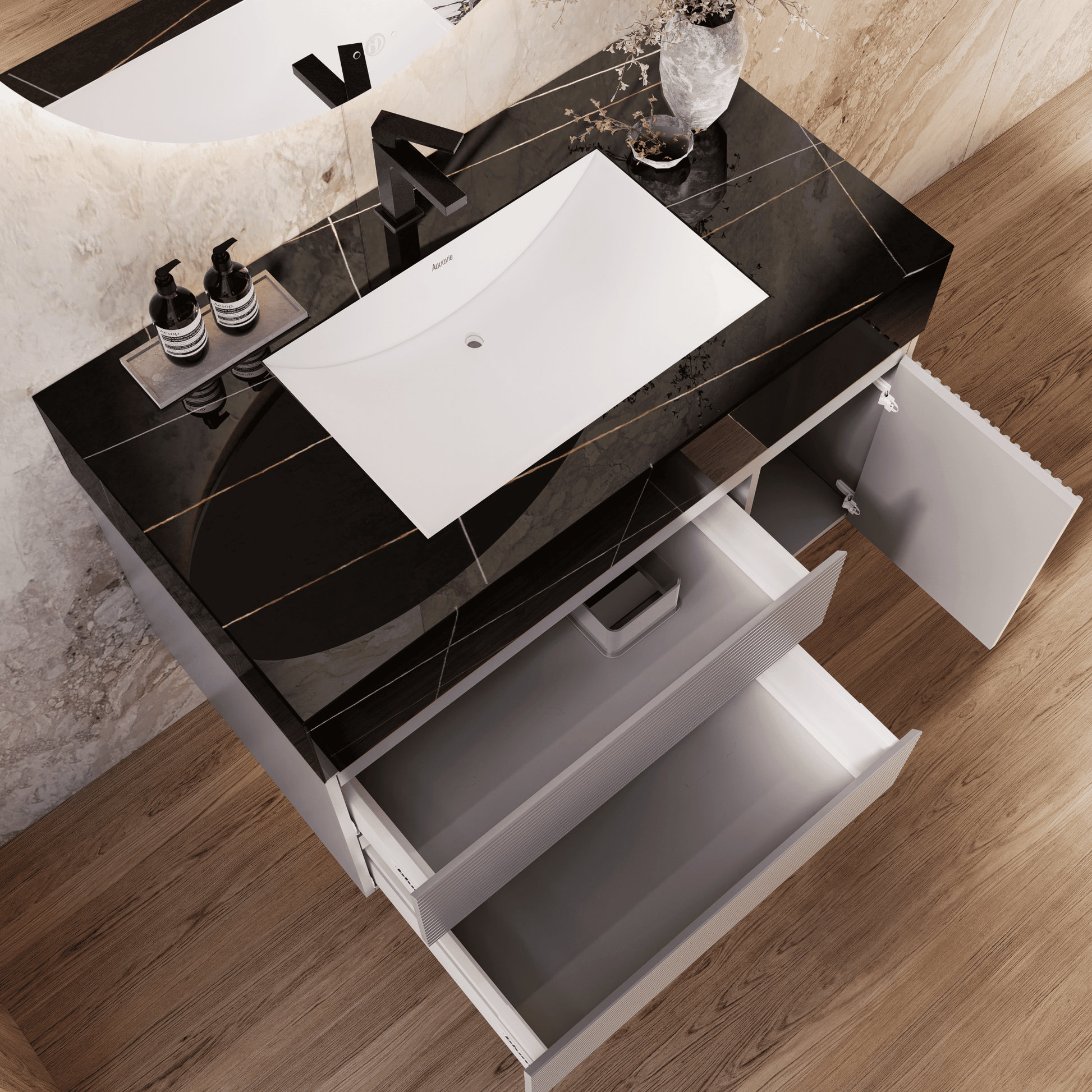 32", 40", 48" Light Grey Fluted Floating Vanity with Seamless Stone Sink - VanityBlack Marquina Gold Veins